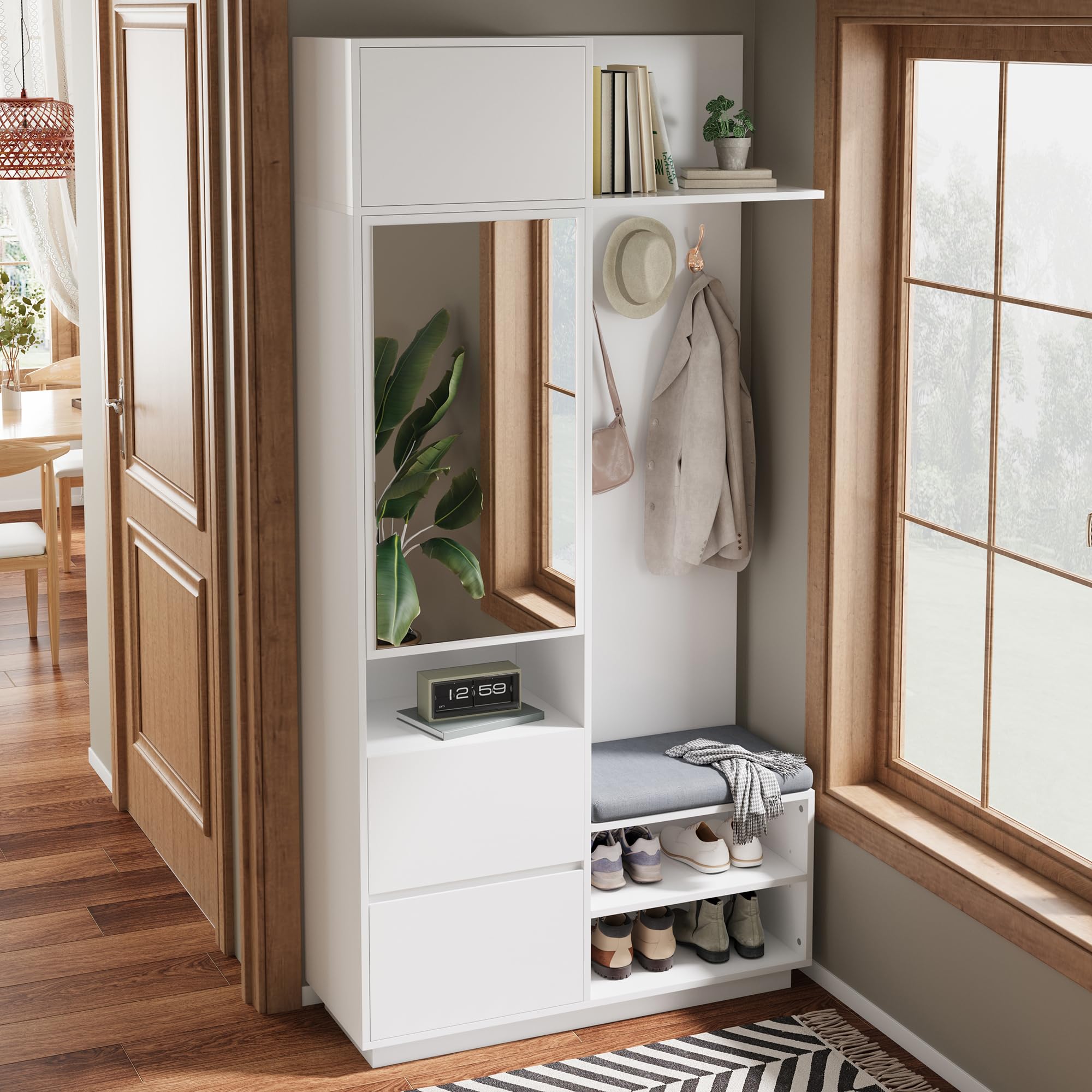 Garderobenset Hoch 190 cm mit Spiegel und Sitzbank, Garderobenschrank Flurgarderoben Set mit Haken und Schuhschrank, Weiß