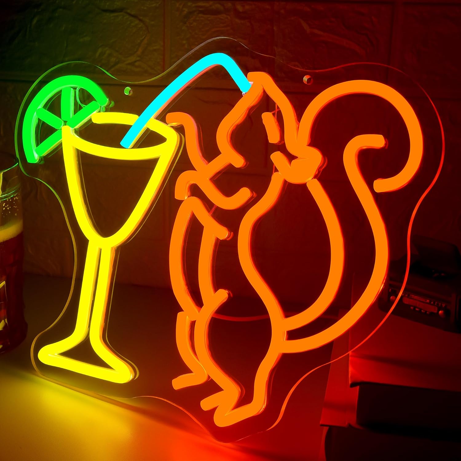 Squirrel Cocktail Neon Sign for Wall Decor Dimmable Squirrel Drink Neon Light for Man Cave LED Bar Light Up sign for Home Bar Beer Shop Bedroom Christmas Birthday Gift Size13.8 * 11.8In(WZCP355) - Image 2