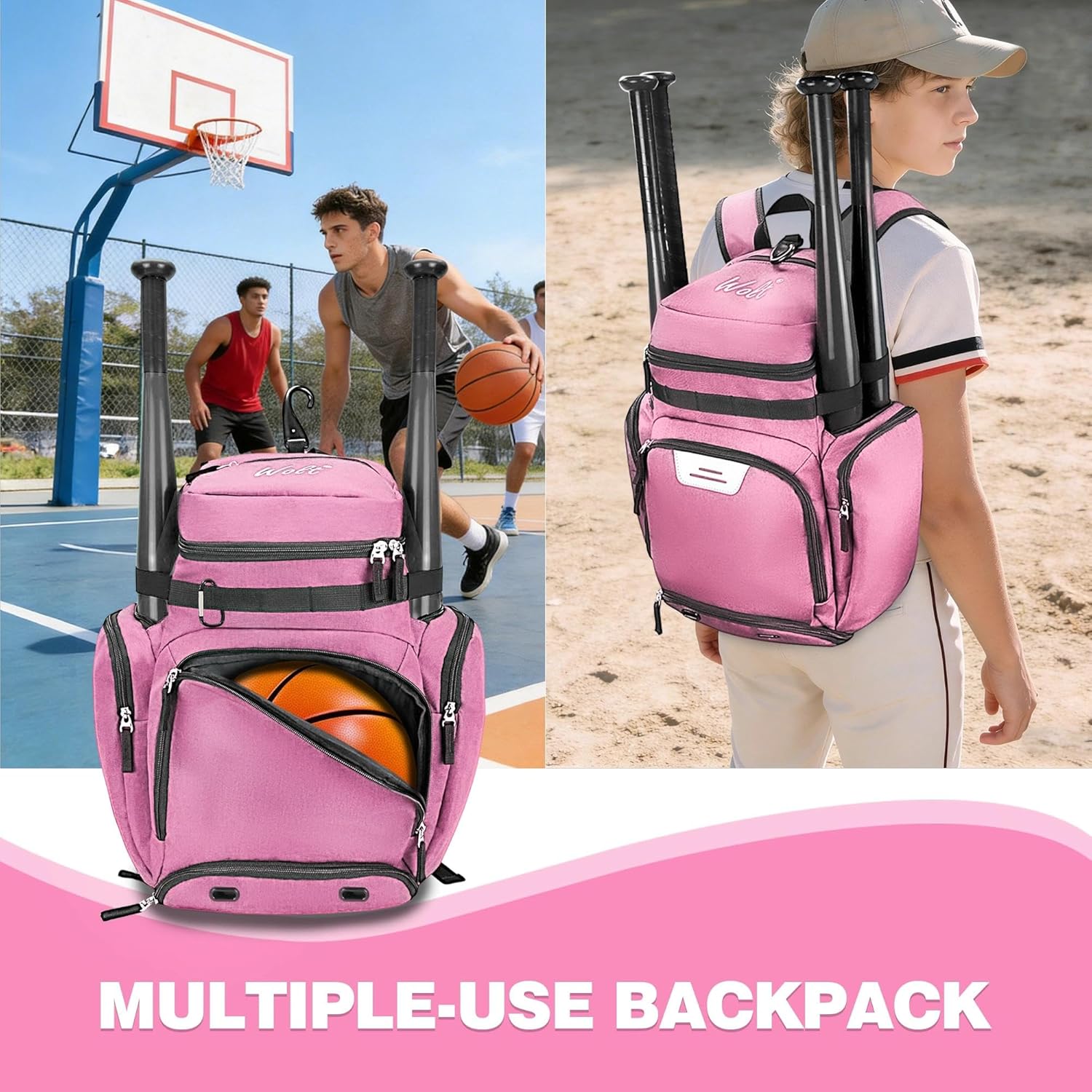 WOLT Youth Baseball Bag Softball Backpack, T-ball Backpack Baseball Bat Bag with Shoes Compartment, Fence Hook Fits Softball, Soccer, Basketball, Volleyball