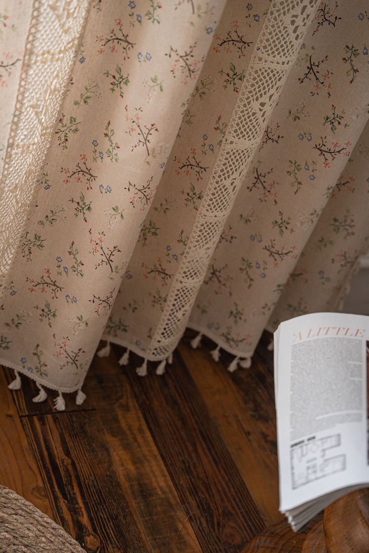 Rideau floral bohème de 200,7 cm de long en dentelle au crochet et patchwork draperie semi-transparente à glands bohème avec passe-tringle panneau de rideau de fenêtre pour salon, chambre à