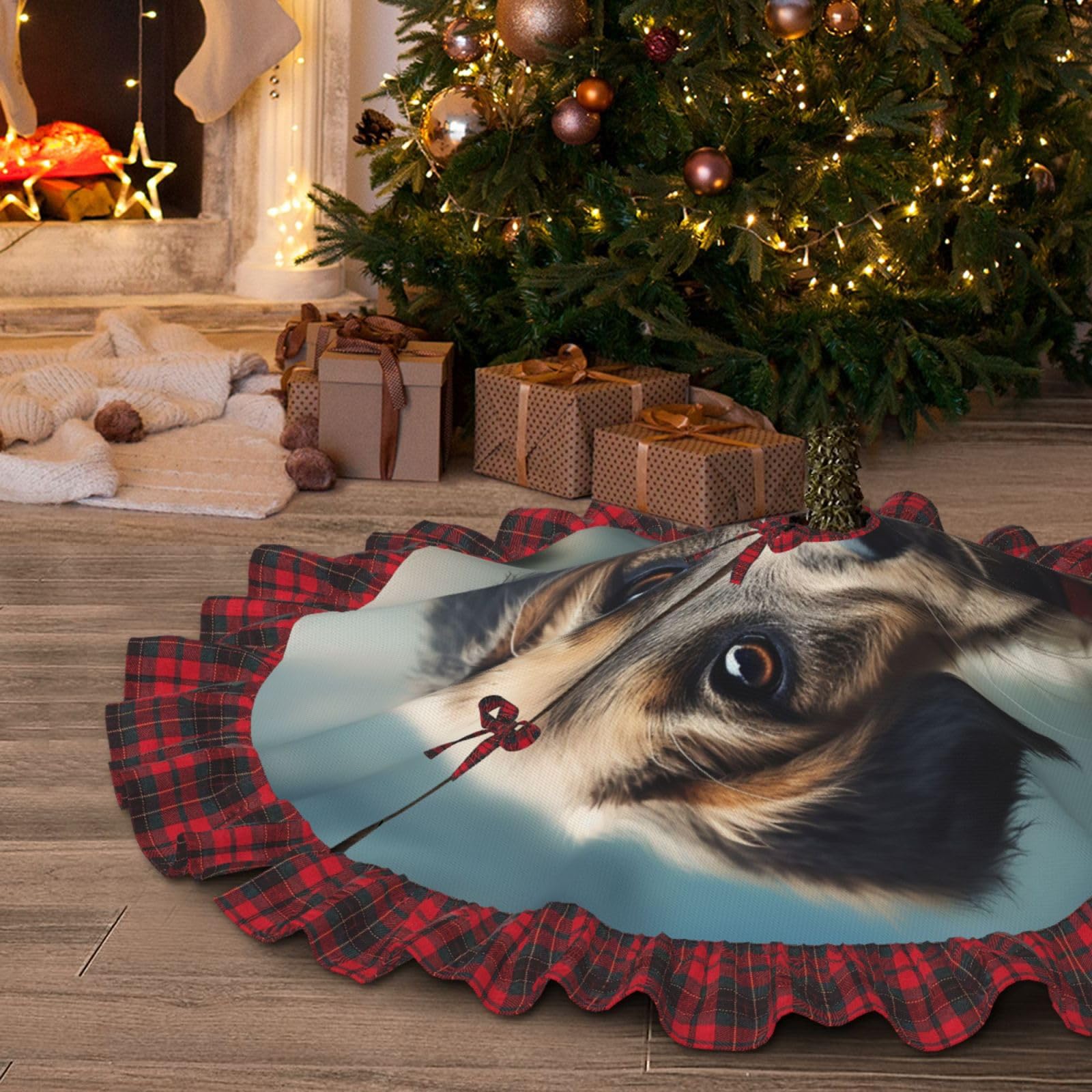 Jupe de sapin de Noël rustique de 121,9 cm, grand tapis de fête motif chien