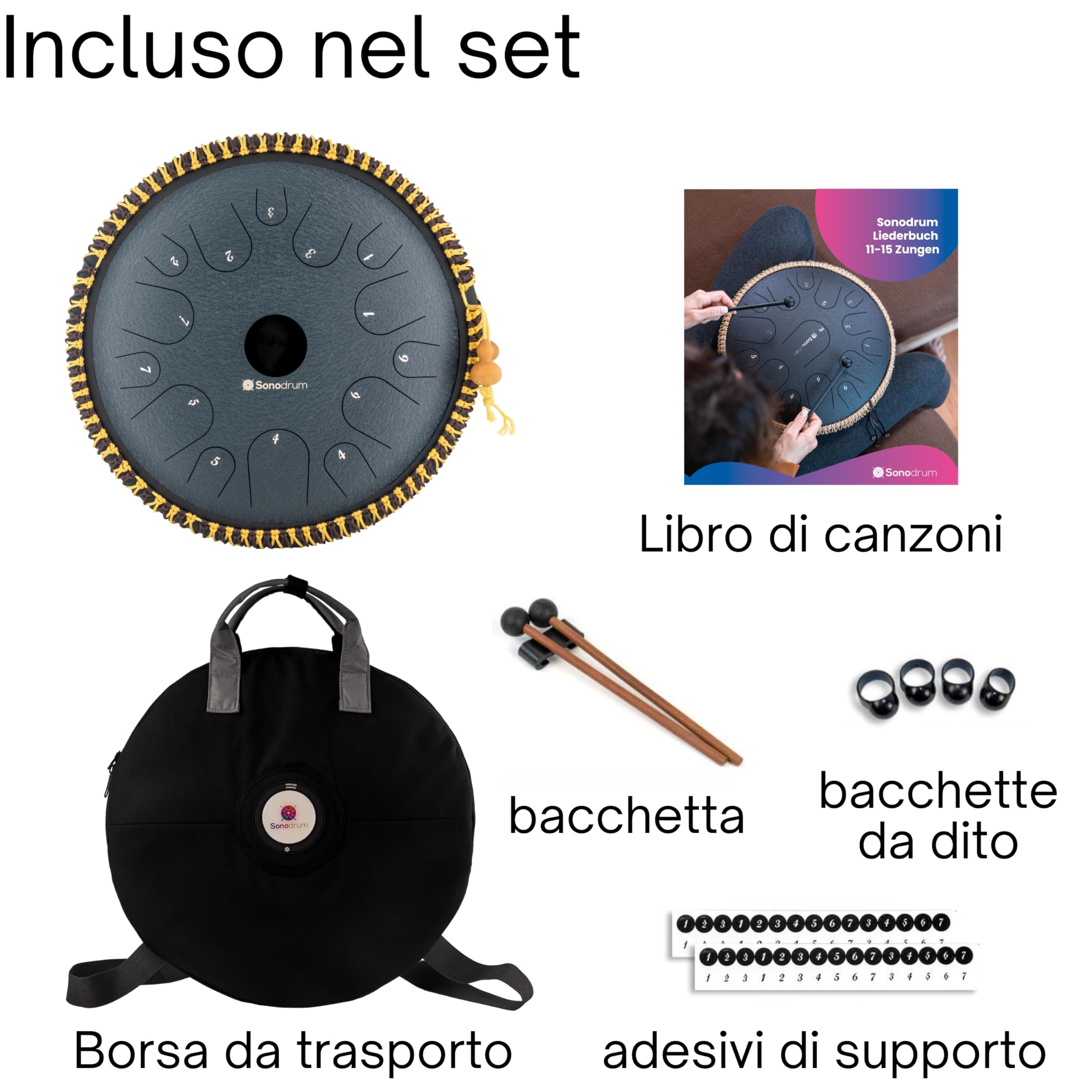 tamburo a lingua d'acciaio 'Exclusive' in Do Maggiore, oro - 38 cm con 14 note - steel tongue drum con canzoniere, mazzuoli, fingersticks e borsa da trasporto. (Blu scuro)