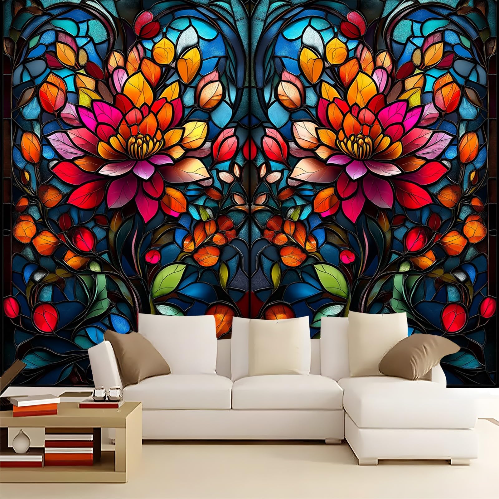 Panoramiczna tapeta witraż kwiaty kolor czarny 300 x 210 cm (szer. x wys.), panoramiczna gigantyczna tapeta 3D salon sypialnia jadalnia pokój dziecięcy dekoracje ścienne z włókniny