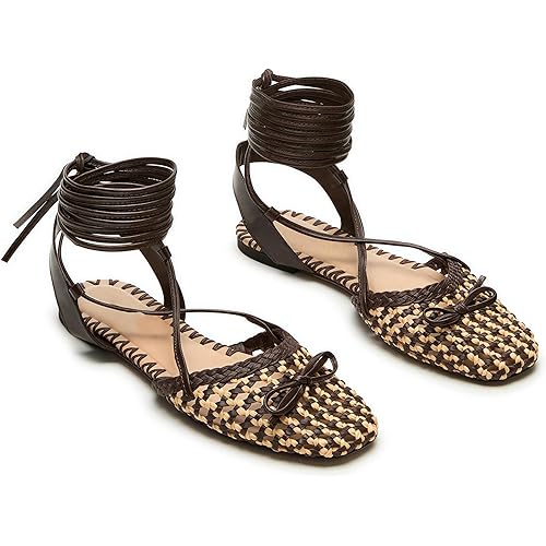 Woven Ballet Flats for Women Lace Up Closed Square Toe Summer Flats Shoes