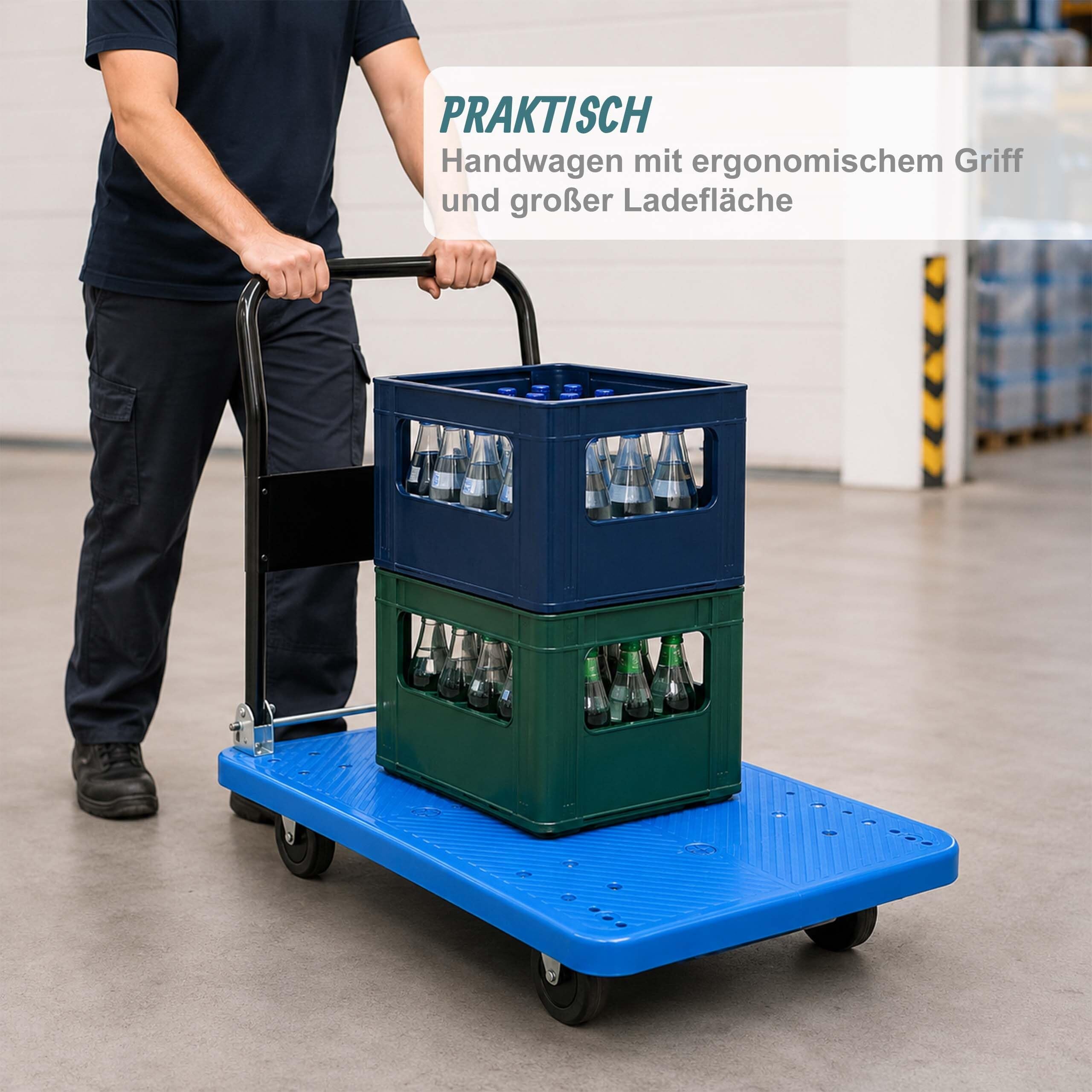Relaxdays Transportwagen bis 300 kg, klappbar, Plattformwagen, Griff, 2 Lenkrollen, große Ladefläche, Handkarre, blau