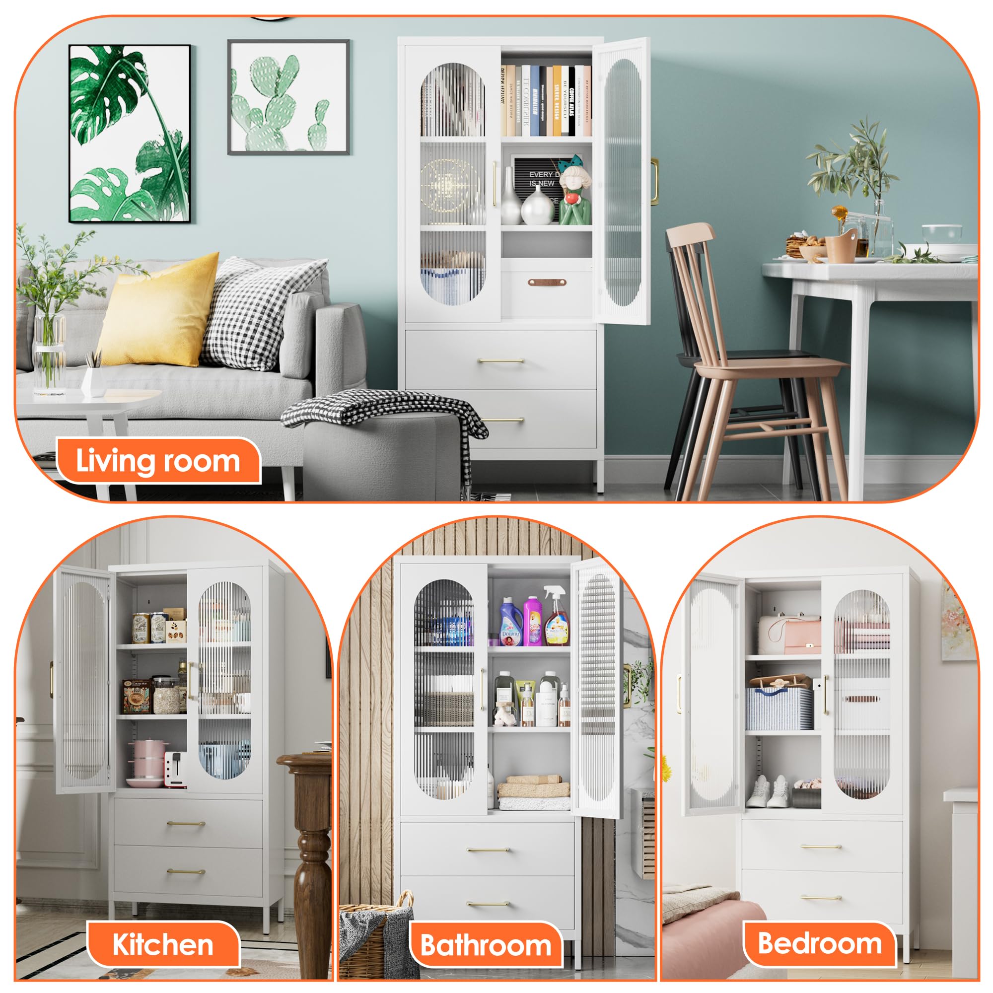 Aobabo Metal Office -Akten Speicherschrank mit 2 Schubladen und 2 einstellbaren Regalen - 155 cm hohe Glasentüren weißer Lagerschrank, 3 -stufige hohe Stahlschränke für Wohnzimmer, Büro, Büro