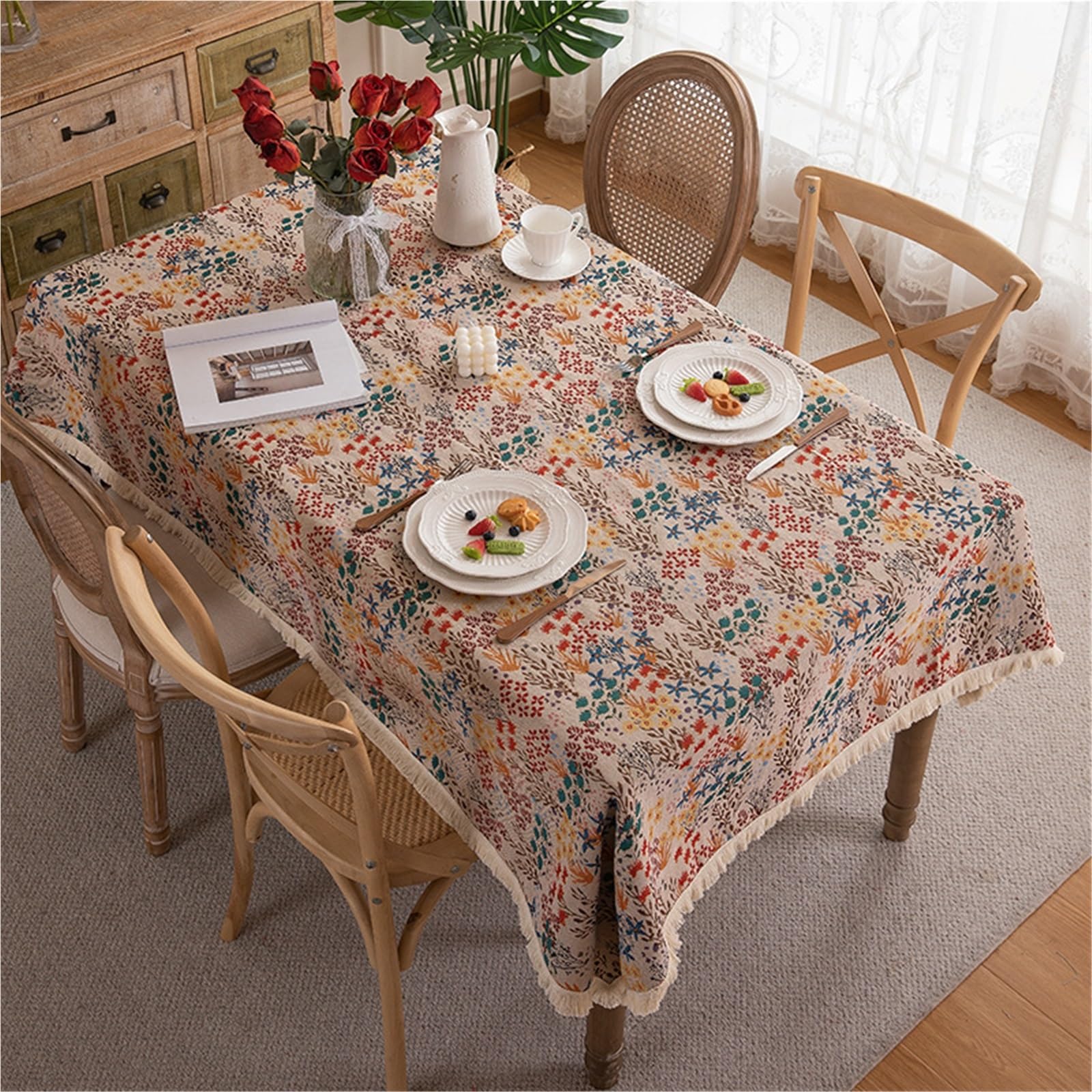 Nappe jacquard en polyester vintage 140x260 cm avec pompons style américain