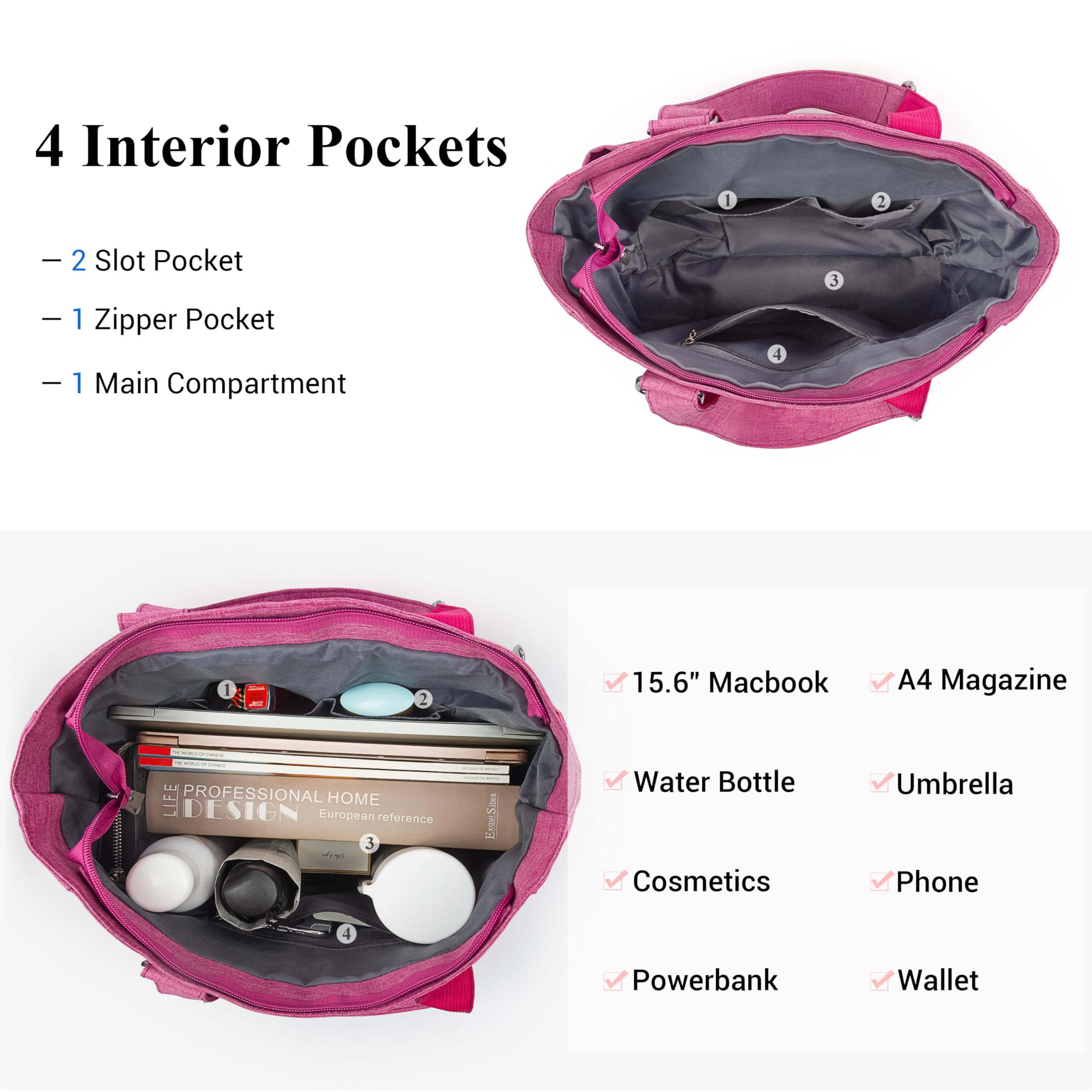 VOLGANIK ROCK Canvas Tote Bag Waterproof Nylon Multi Pocket Shoulder Bags Laptop Work Bag Teacher Purse Handbag for Women Men: Pink 2