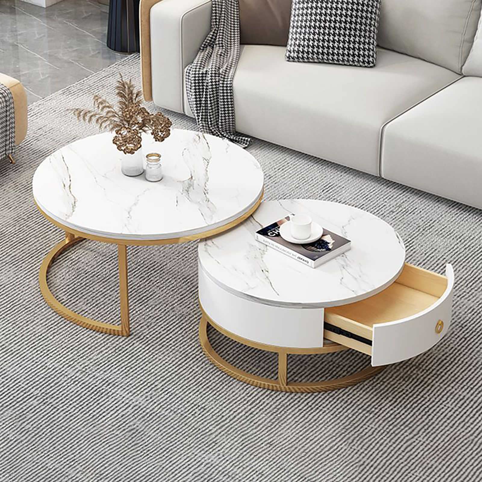 Klydbmyt Slate Marble Texture Nesting Coffee Table Set Of 2 With Drawer Storage For Living Room Furniture Decor And Multipurpose Use