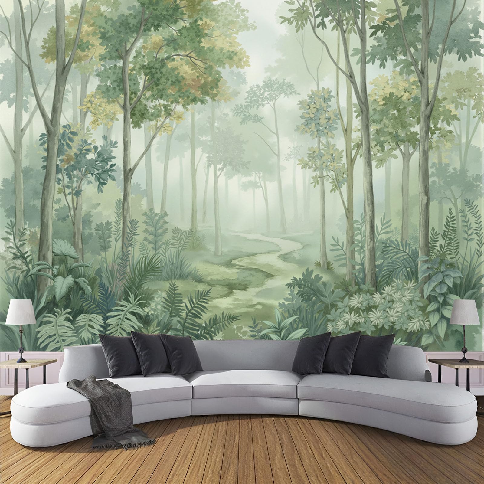 Carta Da Parati Panoramica Verde 400 x 280 cm - Murales Acquerello Piante tessuto non tessuto, Decor Carta da Parati Paesaggio Boschivo Nebbia, per Soggiorno Cucina Corridoio Muro Di Sfondo