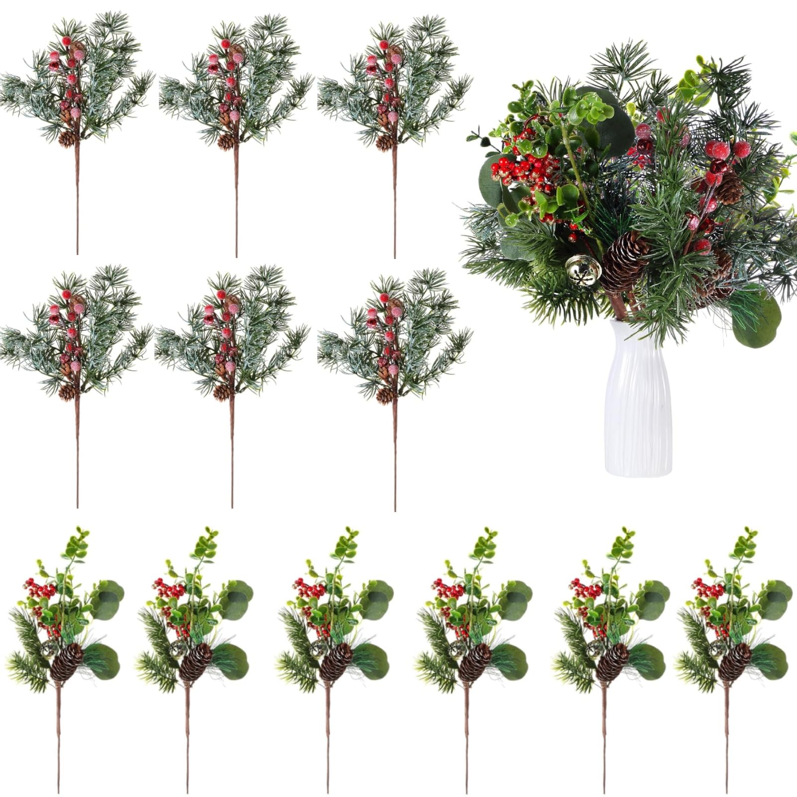 Syhood Lot de 12 pics de Noël artificiels de 30,5 cm avec branches de baies, houx, pommes de pin pour travaux manuels de Noël, décoration de vacances d'hiver