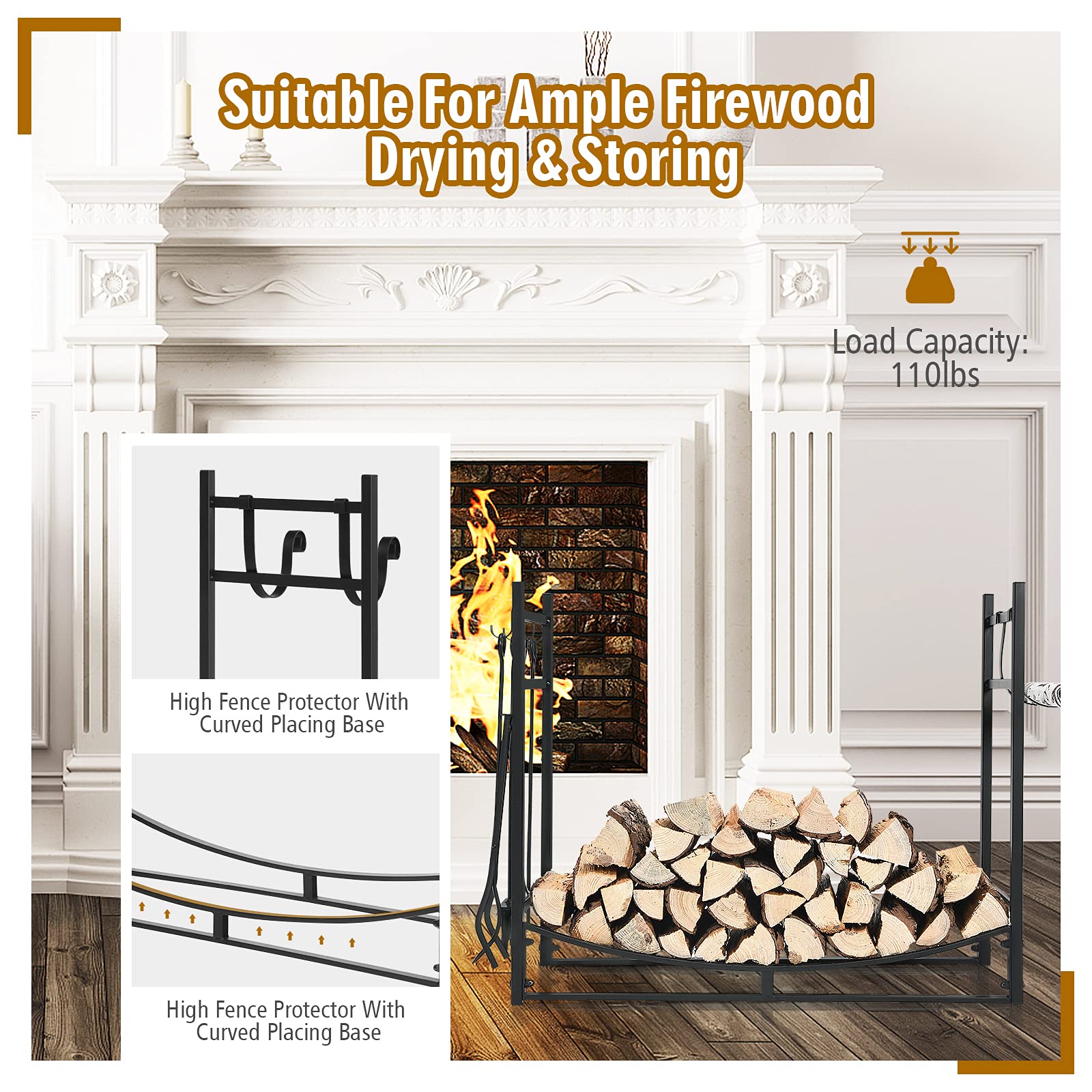 FANTASK Kaminholzregal, Brennholzregal mit 4-teilig Kaminbesteck & Anzündholzhaltern, Feuerholzregal Metall für Innen und Aussen, 90 x 33 x 76 cm