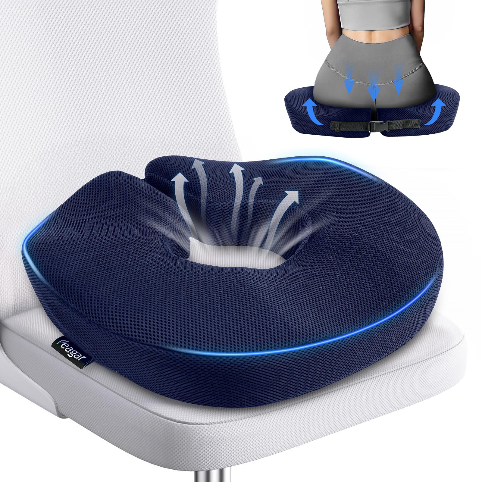 Feagar Cuscino Coxis Emorroidi in Memory Foam Cuscino Sedia Ufficio e Auto Driver Antidecubito con Anello Regolabile, Alleviare la pressione del coccige e Sciatica
