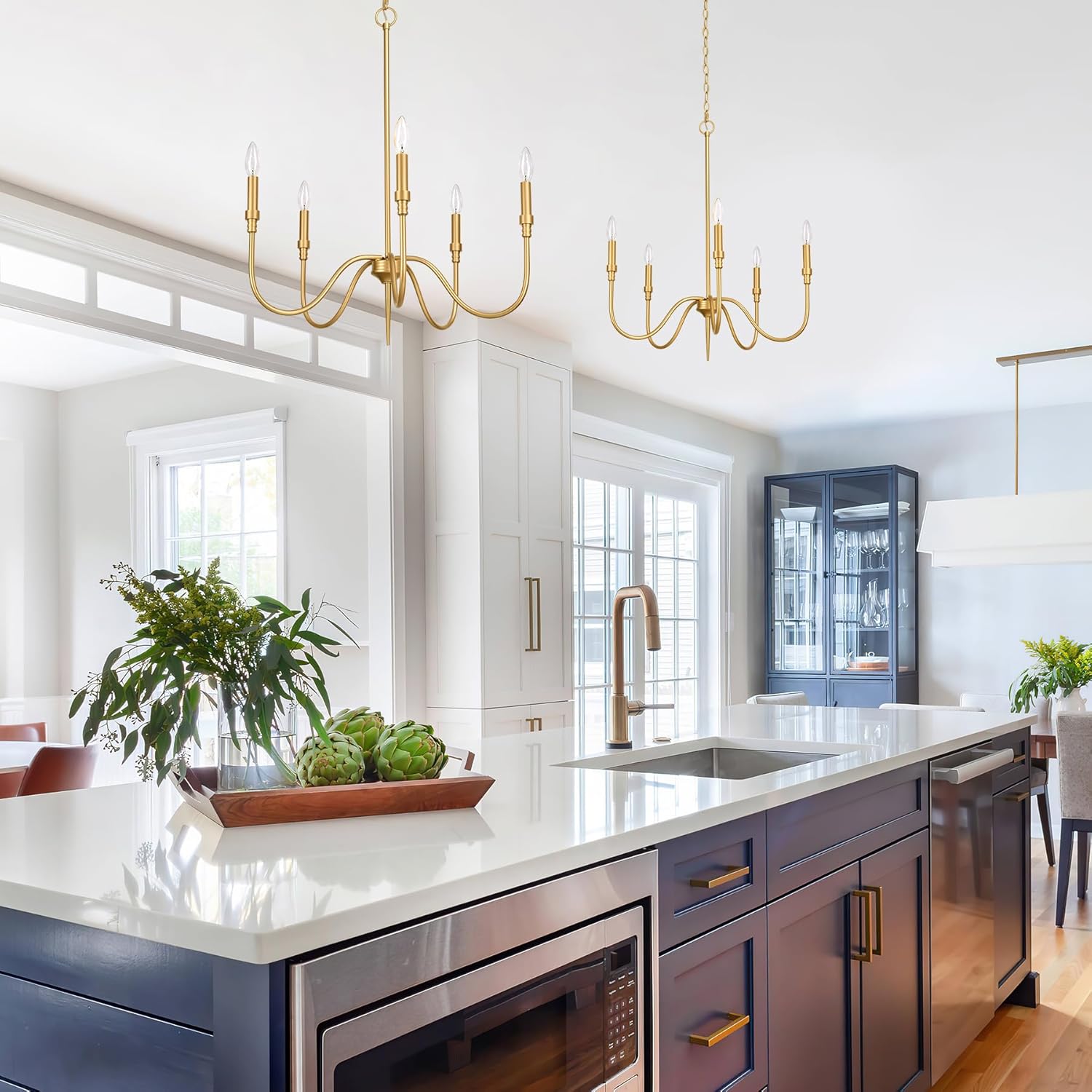 5-Light Gold Chandelier, Modern Farmhouse Ceiling Lighting Fixture with 60" Adjustable Chain, E12 Candle Style Hanging Pendant for Dining Living Room, Bedroom, Hallway