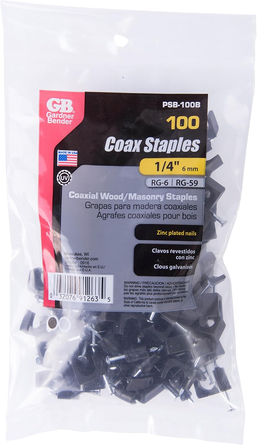Gardner Bender PSB-100B Low-Voltage Cable Stapl, CAT6, Rg-59, Rg-6, 1/4", Black