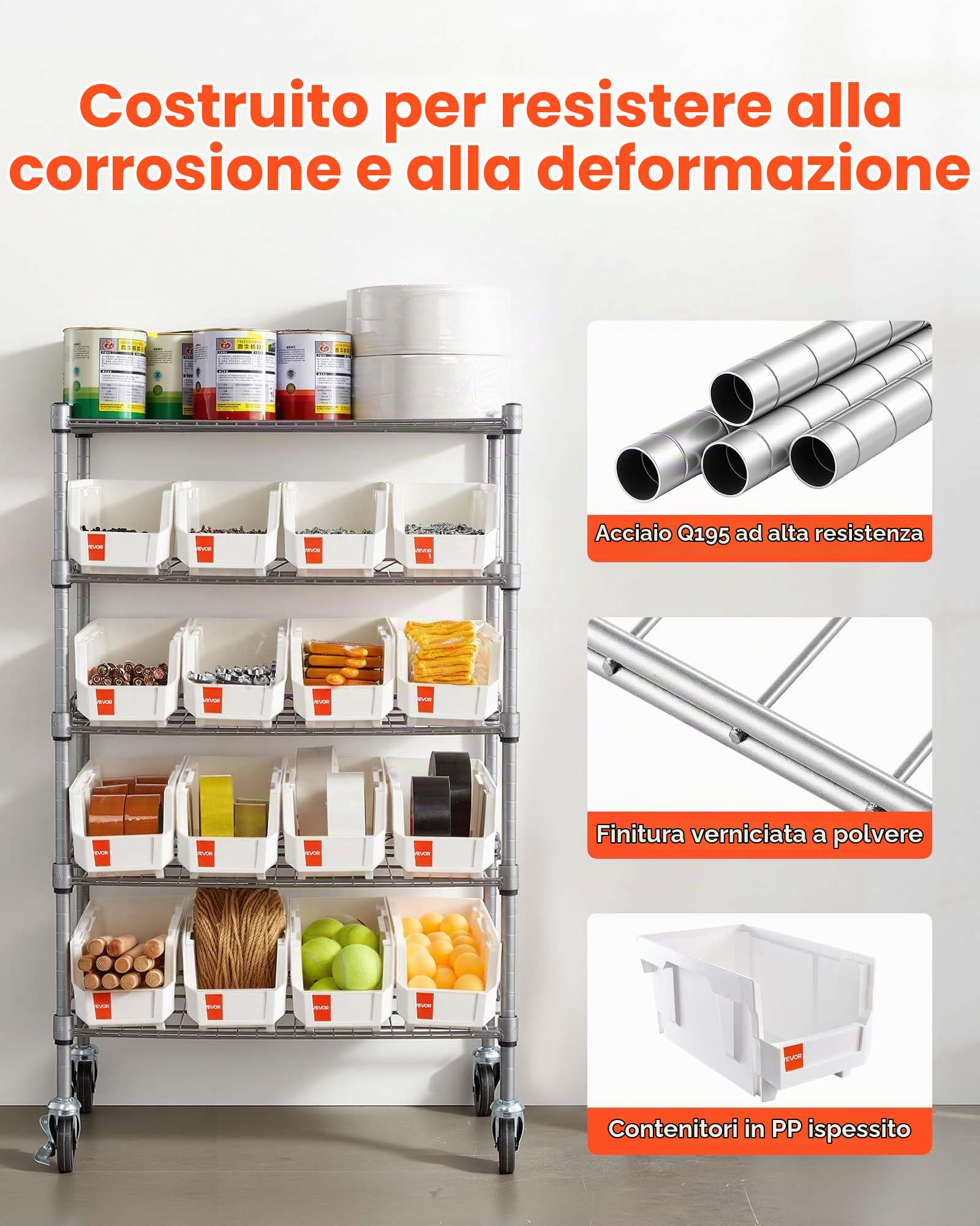 VEVOR Scaffale per Carichi Pesanti Portaoggetti con ruote a 5 Ripiani, 16 Contenitori Portaoggetti, Sistema di Scaffalature in Filo d'Acciaio, per Garage, Magazzino, Ufficio, Ristorante, Aula, Cucina