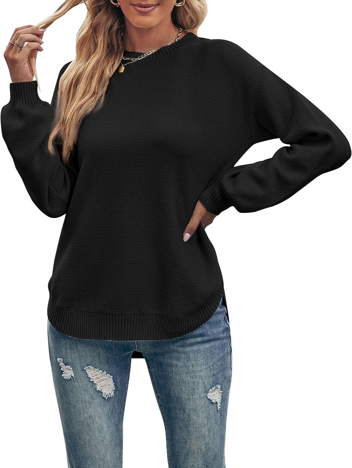MEROKEETY Women's Fall Sweaters 2025 Cozy Knit Sweater Casual Loose Side Split Pullover Jumper Tops
