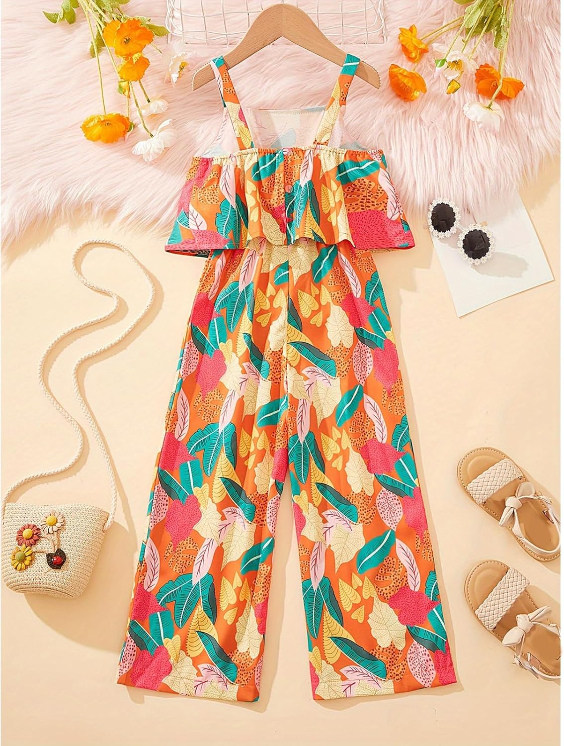 Girls' Tropical Floral Jumpsuit - Casual Long Pants Summer Outfit, Trendy Print Romper for Kids