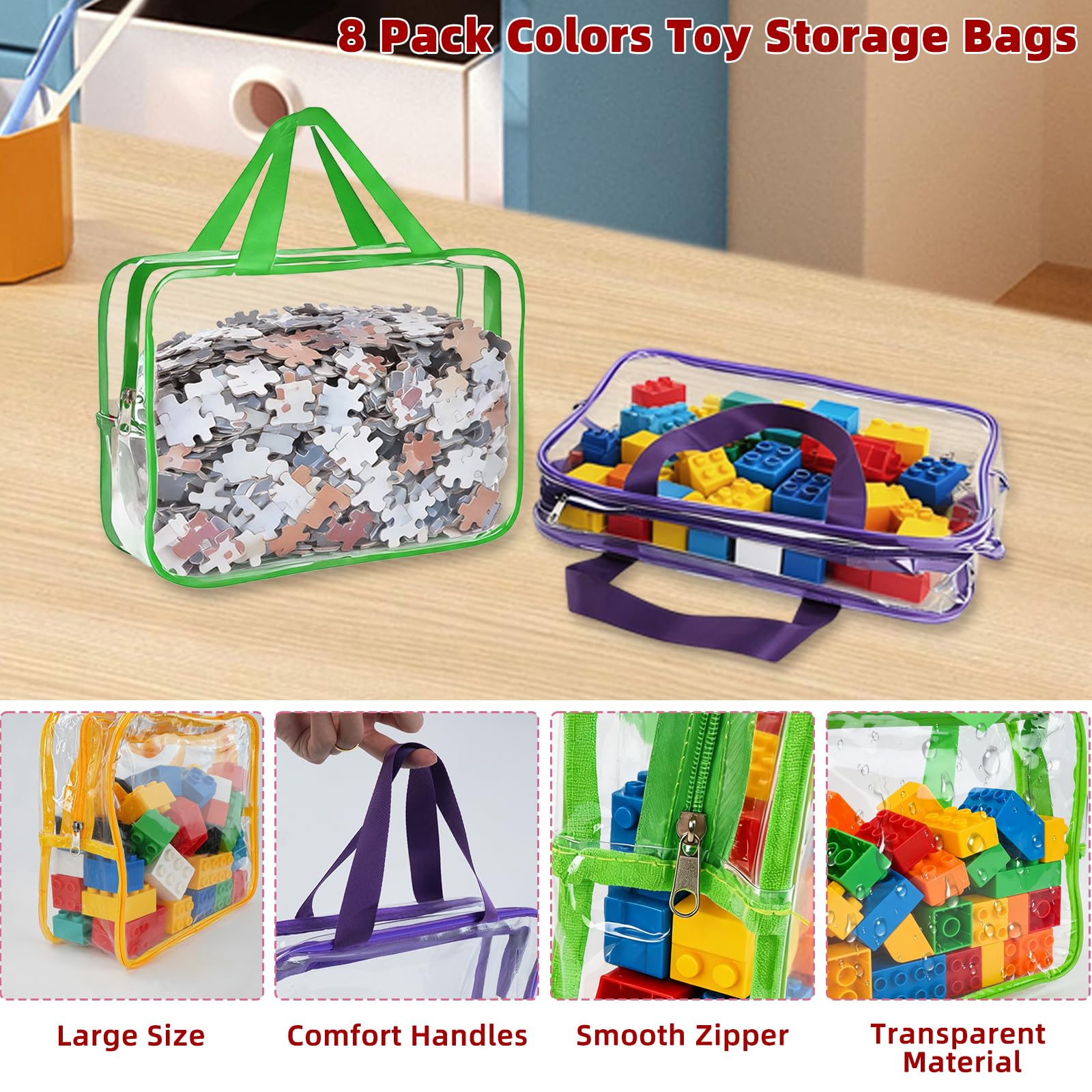 8 Sacchetti Portaoggetti per Giocattoli con Manici ed Etichette | 30 x 22 x 10 cm, Impermeabile in PVC Giocattolo con Cerniera, Borse Trasparenti da Viaggio