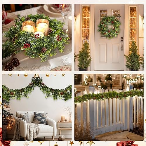 Miniatura 6 de 2 guirnaldas artificiales de pino Norfolk de 6 pies, guirnalda de Navidad de invierno de tacto real, guirnalda verde artificial para mesa, repisa,