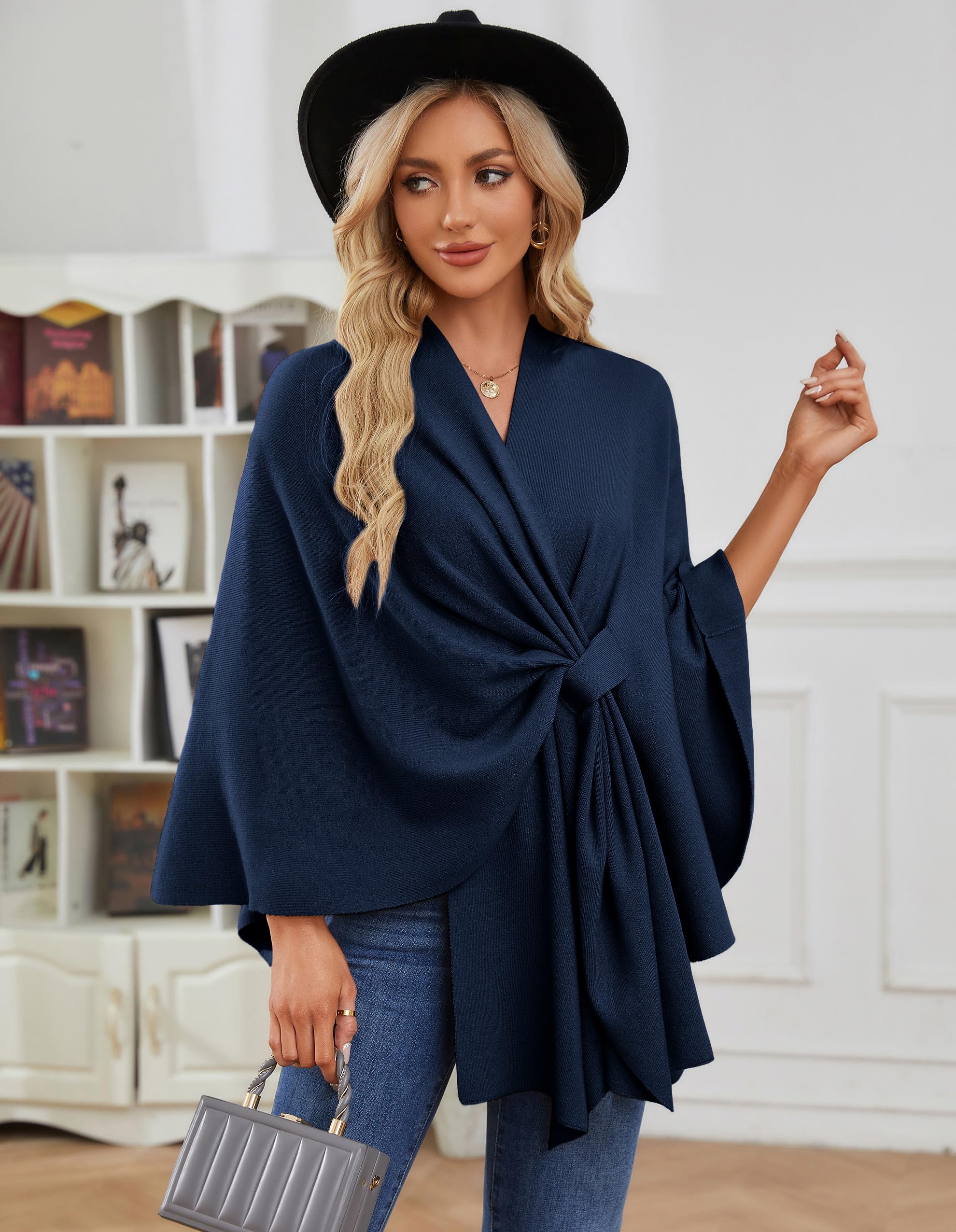 PULI Damen Elegant Poncho Strick Ponchos Capes Vorne öffnen Vielseitige Schalwickel mit Lasche