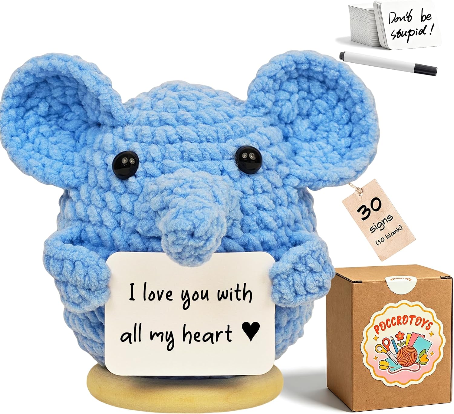 Positive Crochet Elephant Animals with 30 Swappable Affirmation Cards Fathers Day Teacher Coworkers Appreciation Gifts - Handmade Birthday Gifts for Women Men Her Him Mom Dad Cute Decor