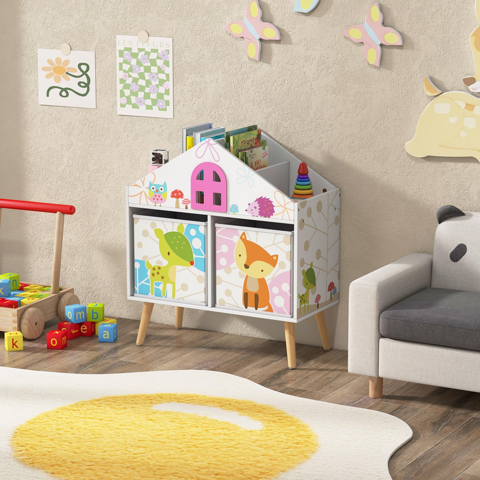 GOPLUS Estanteria Infantil de Juguetes y Libros para Niños, Organizador de Almacenamiento con 2 Cajones y 4 Compartimentos Abiertos de Gran Capacidad, Mueble Infantil con Patas Elevadas, 62×30×72 cm