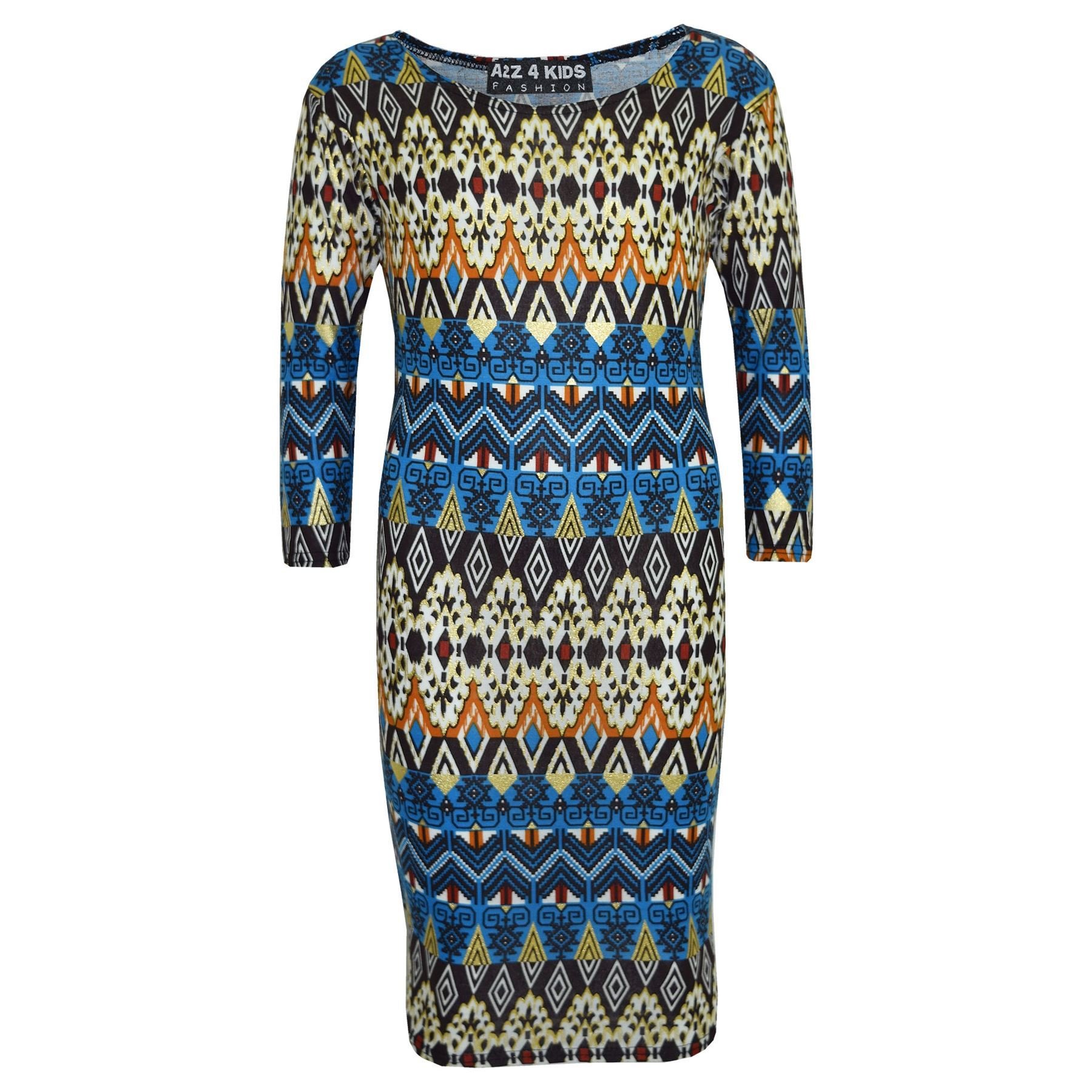 A2Z 4 Kids Girls Dress Kids Aztec Foil Print Bodycon - Midi Dress Aztec Foil Teal 13