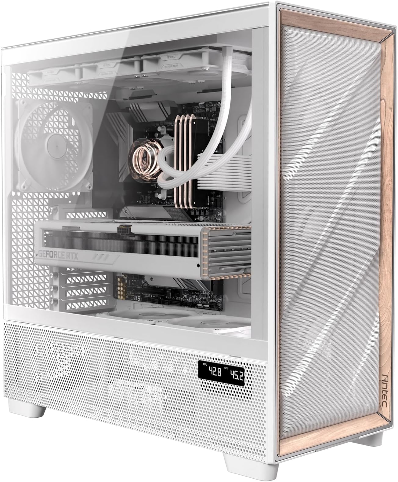 Flux Pro White, 6 x PWM Fans Included, High-Airflow Front Panel with Birch Wood, iShift PSU 90° Mount, USB3.0 x 2, Type-C, 420mm Radiator Support, Temp. Display, Full-Tower E-ATX PC Case