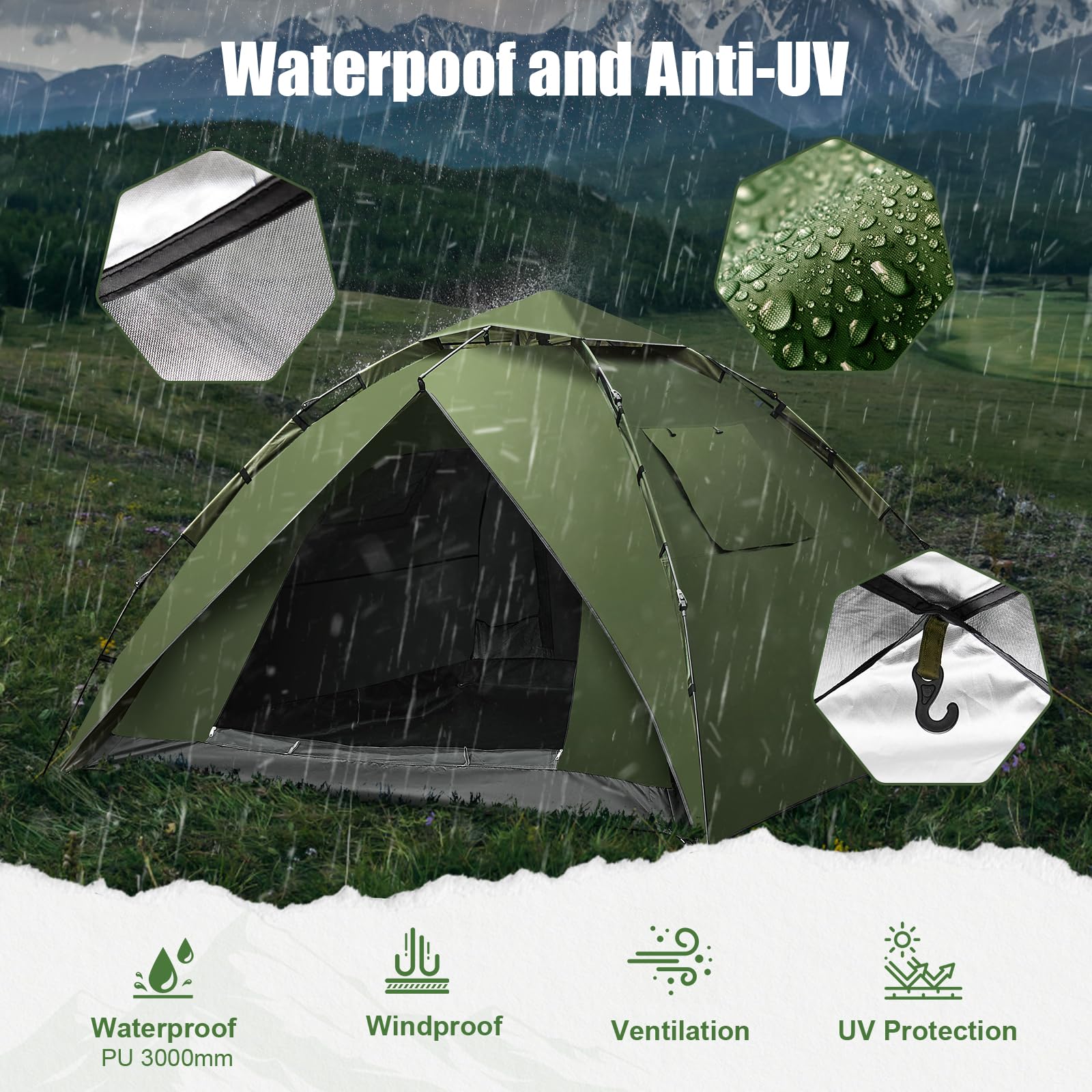 Tenda da campeggio Automatica 4 Persone 230x230x150CM Famiglia Tenda a cupola Pop Up Tent impermeabile, Protezione UV, 4 Stagioni 2 in 1 doppio strato