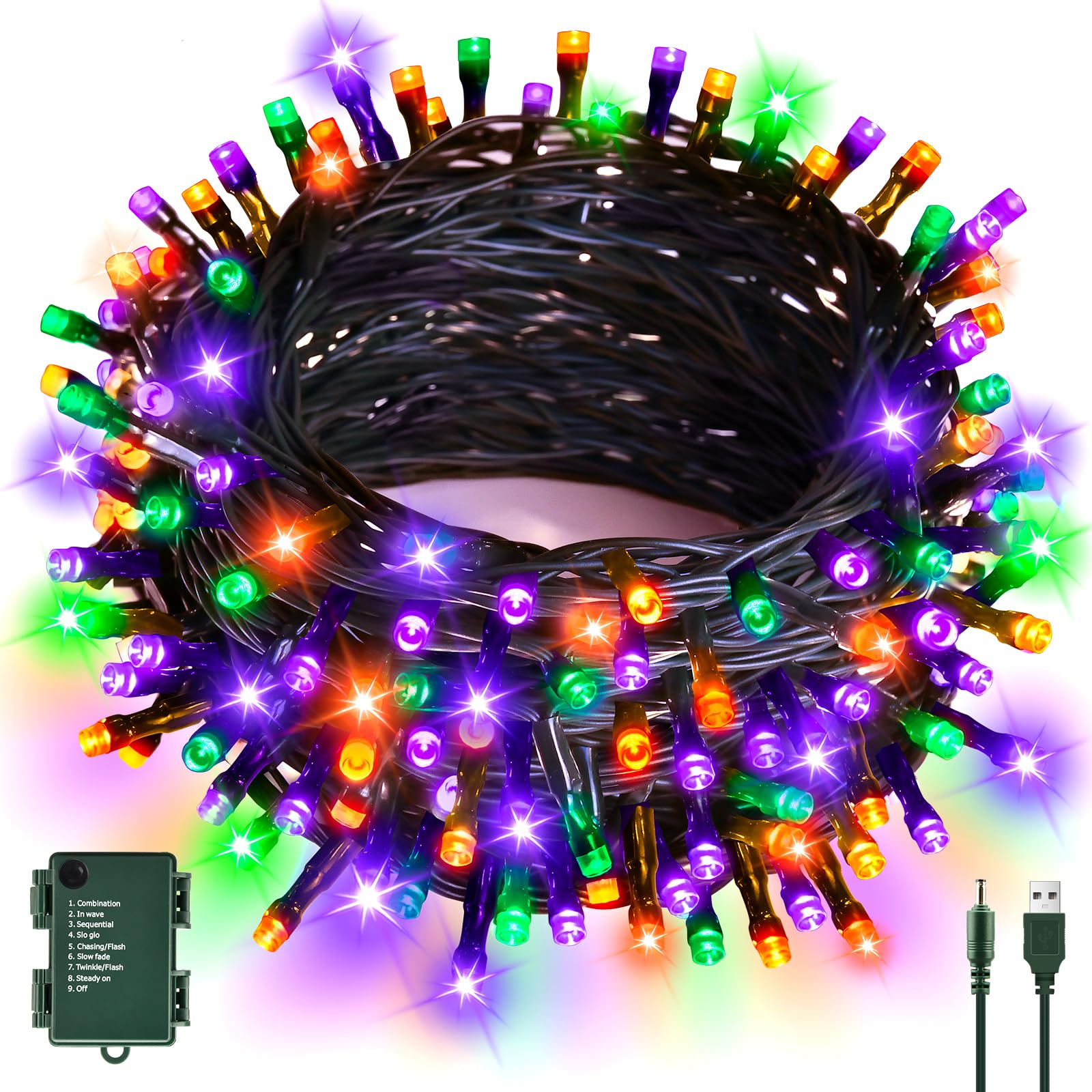 cshare Halloween Decorations Fairy Lights, 20Ft 60LED Orange-Purple-Green USB/Battery String Lights with Timer Waterproof for Autumn Fall Halloween Outdoor Indoor Decorations -Green Wire — image 1