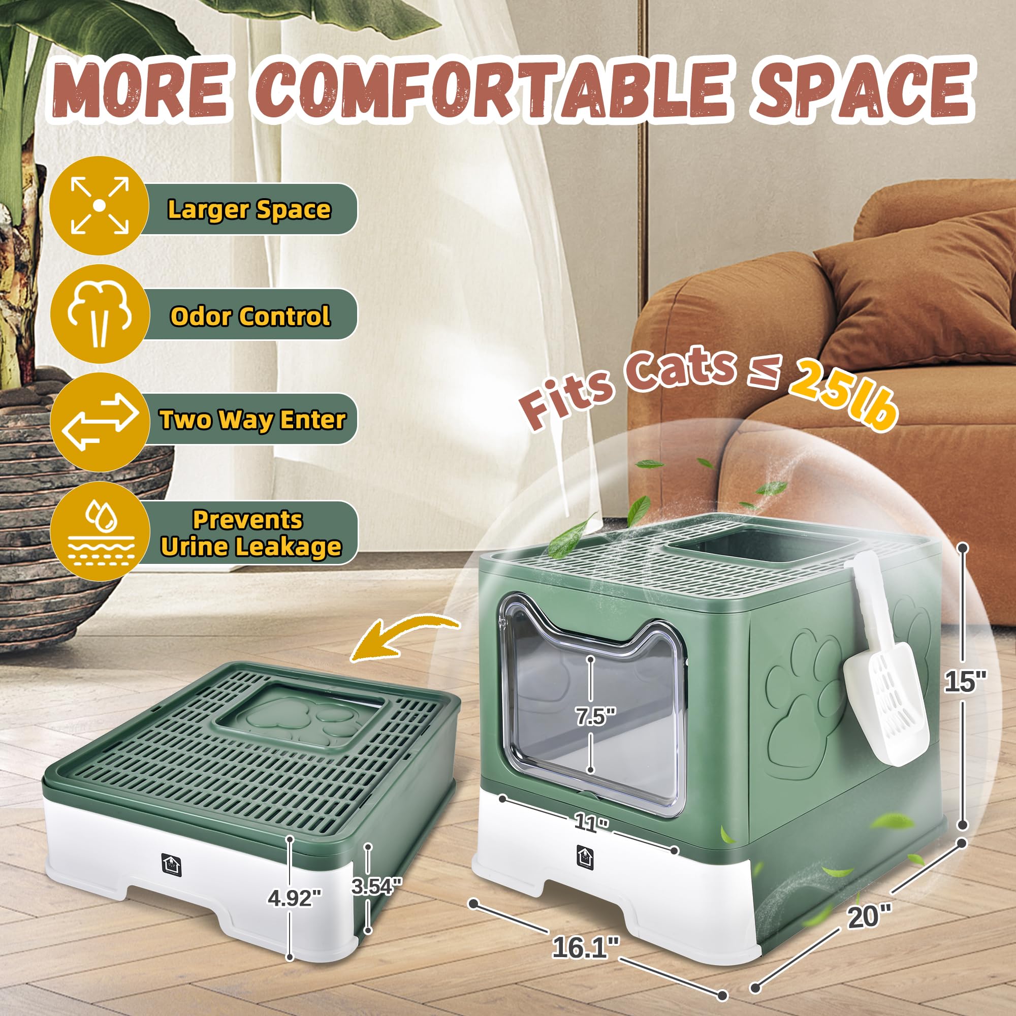 Caja de arena para gatos cerrada con tapa, orinal plegable, tipo cajón, caja de arena extra grande con alfombrilla, libre de gatitos dentro y fuera/unidireccional, control de olores, antisalpicaduras