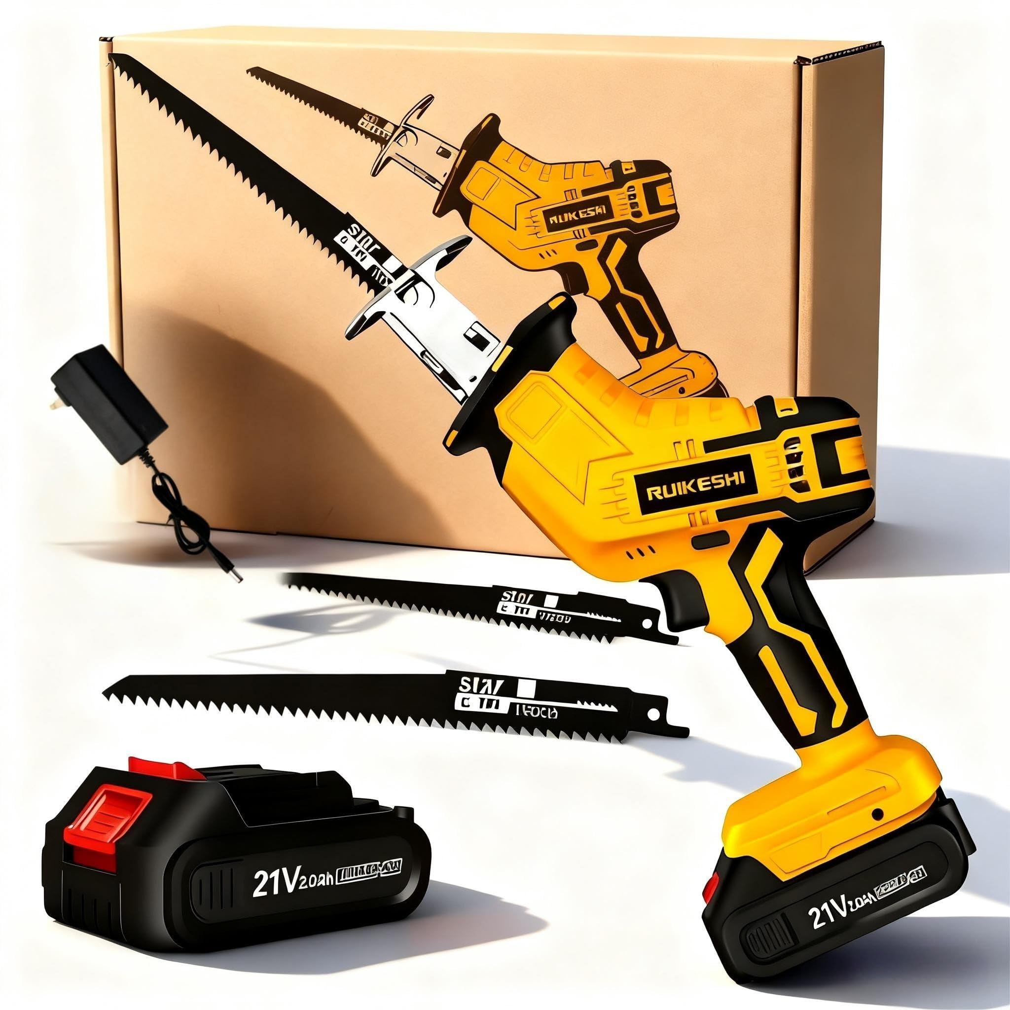 Ruikeshi 21V Cordless Reciprocating Saw, Yellow/Black, Battery Powered, 3000 SPM, with 4 High Carbon Steel Blades, 2 Batteries, Carrying Case for Wood Metal PVC Cutting (1 battery+accessories)