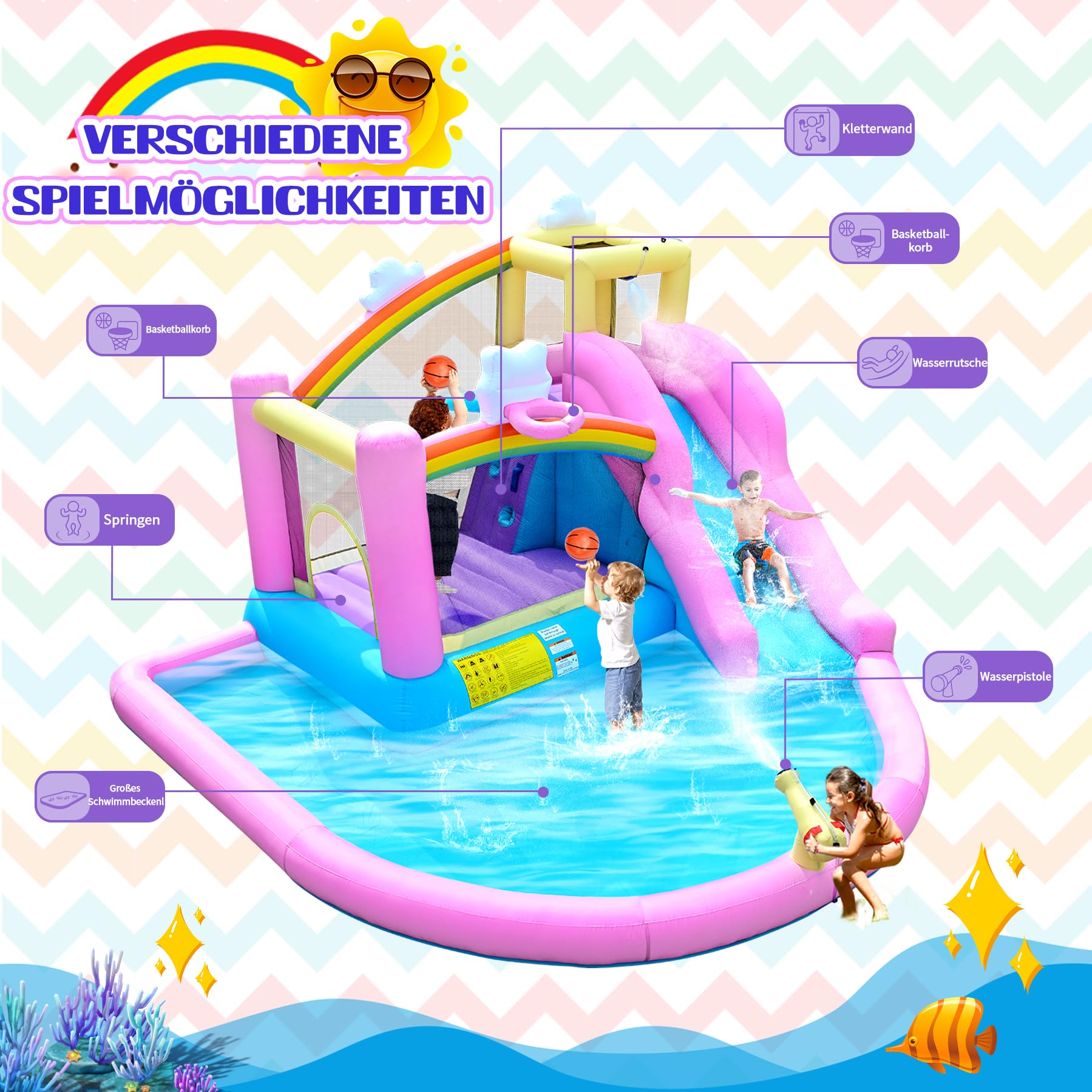 Castillo hinchable hinchable con tobogán de agua, pared de escalada, canasta de baloncesto y piscina infantil, incluye soplador, exterior para niños, ideal para jardín, 365 x 390 x 238 cm