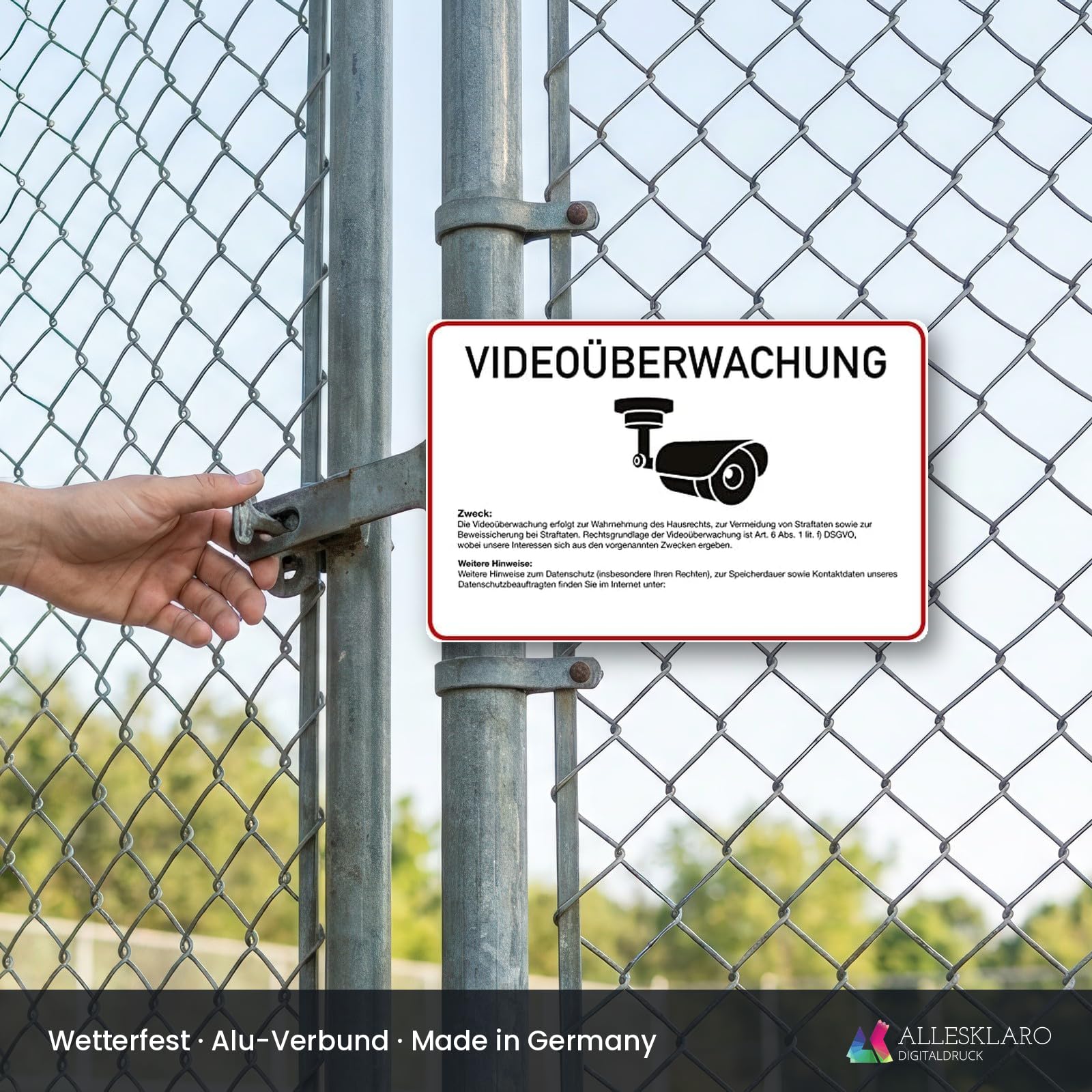 Videoüberwachung - Schild - Text nach DSGVO und Ihr Text- 4 mm Alu Verbundplatte (60 x 40 cm)
