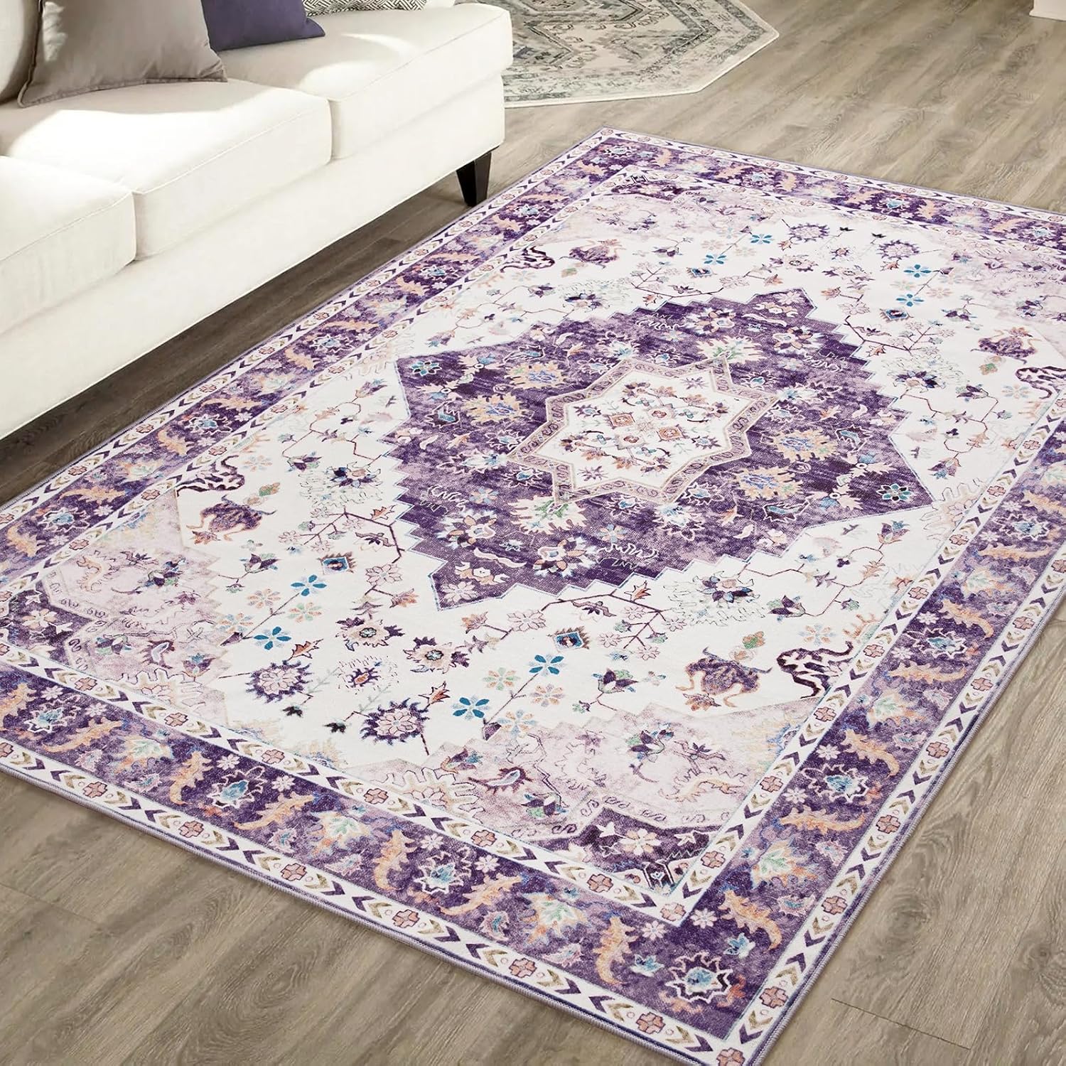 Amearea Vintage Design Area Rugs for Living Room, 6x9 Machine Washable Floral Collection Traditional Bedroom Rug, Low Pile Cute Kids Room Print Carpet, No Slip Office Kitchen Home Decor, Purple
