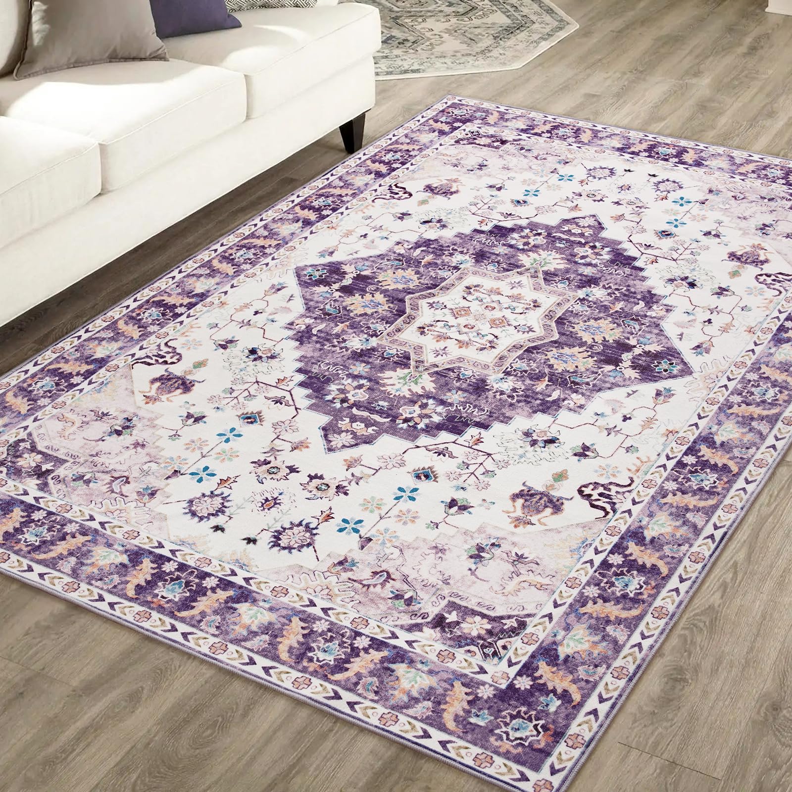 Amearea Vintage Design Area Rugs for Living Room, 5x8 Machine Washable Floral Collection Traditional Bedroom Rug, Low Pile Cute Kids Room Print Carpet, No Slip Office Kitchen Home Decor, Purple