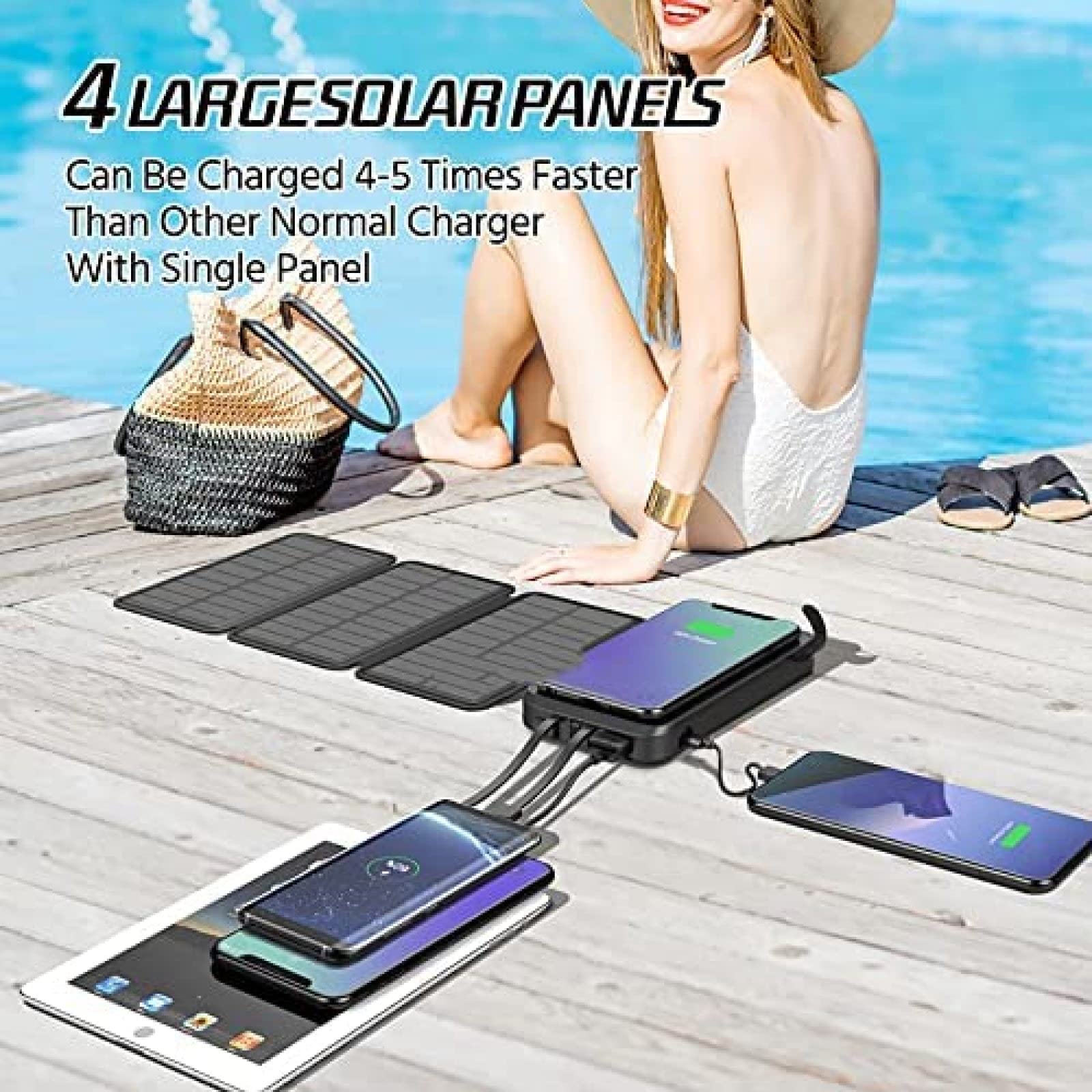 Cargador Solar Inalámbrico Power Bank, Cargador Portátil De 20000 Mah con 4 Paneles Solares Y Linterna LED, Batería Externa De Carga Rápida para Teléfono Celular Y Tableta