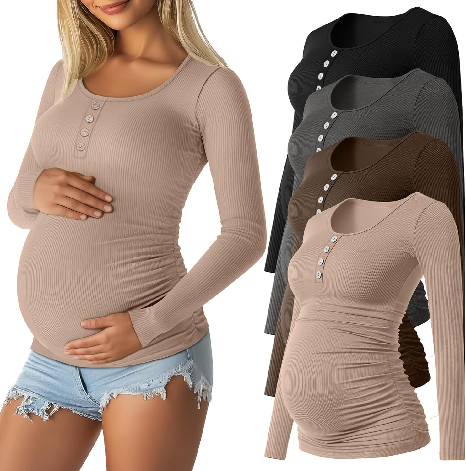 4 Pack Womens Maternity Shirts Cotton Scoop Neck Long Sleeve Ribbed Pregnancy Top Henley Side Ruched Mama Clothes