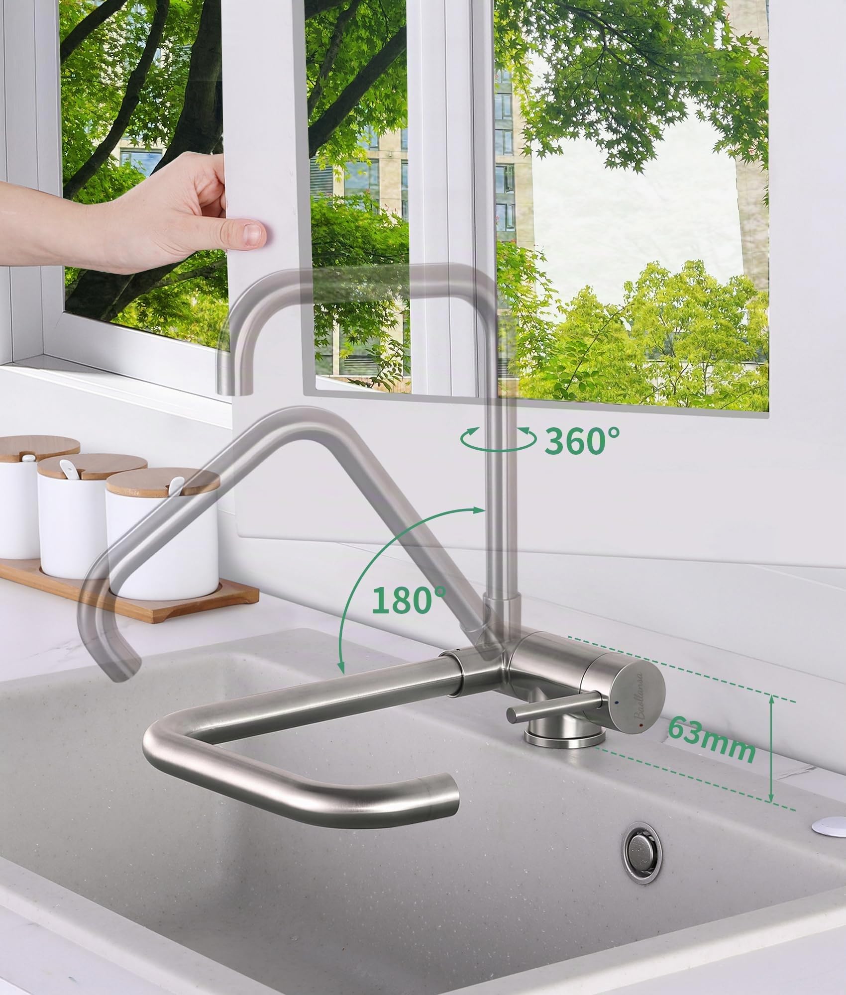 Grifo cocina, grifo de ventana plegable para cocina, grifo de cocina de alta presión giratorio 360° de acero inoxidable, mezclador para fregadero de cocina con caño giratorio y grifo