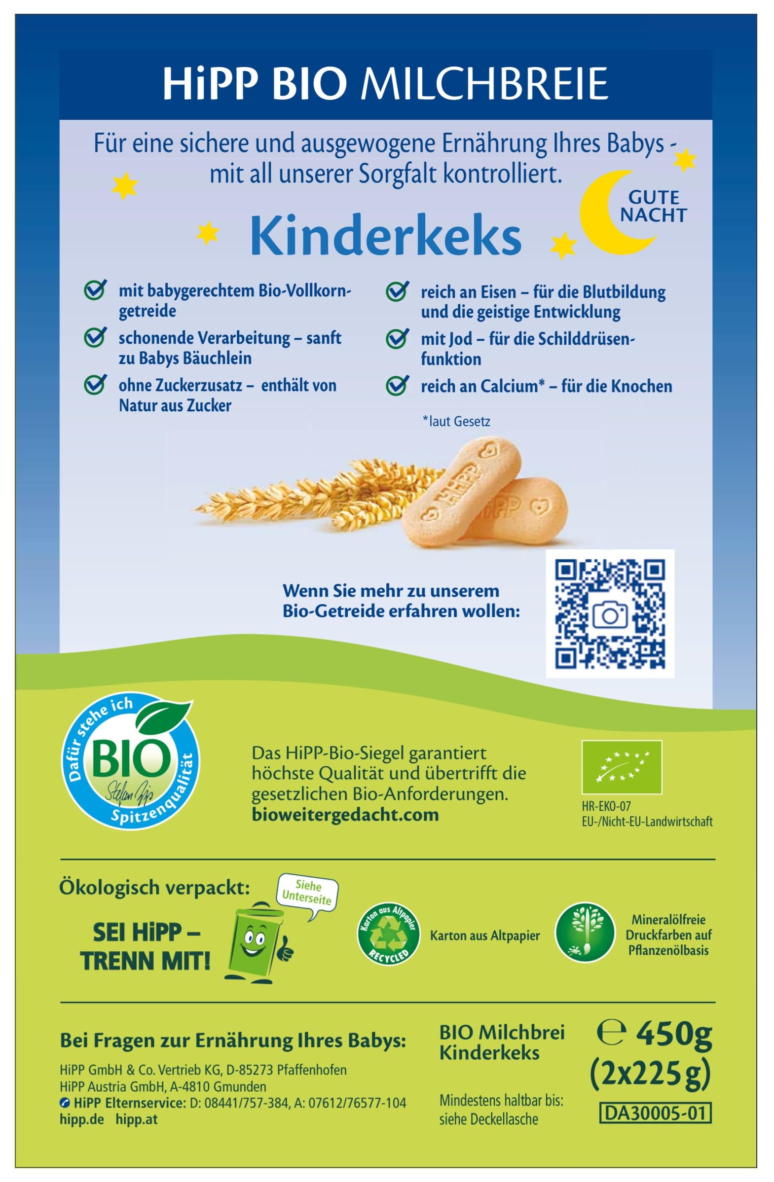 HiPP Bio-Milchbreie ohne Zuckerzusatz, Gute-Nacht-Brei Kinderkeks, Vorratspackung (4x450g)