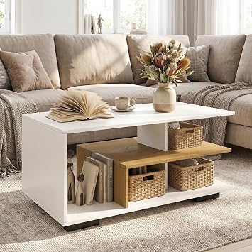 GOFLAME Rectangular Coffee Table for Living Room, 3-Tier Wood Center Table with Storage, L-Shaped Middle Shelf, Modern Accent Coffee Tables for Living Room, Reception Room, White & Natural