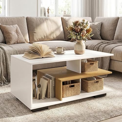 GOFLAME Rectangular Coffee Table for Living Room, 3-Tier Wood Center