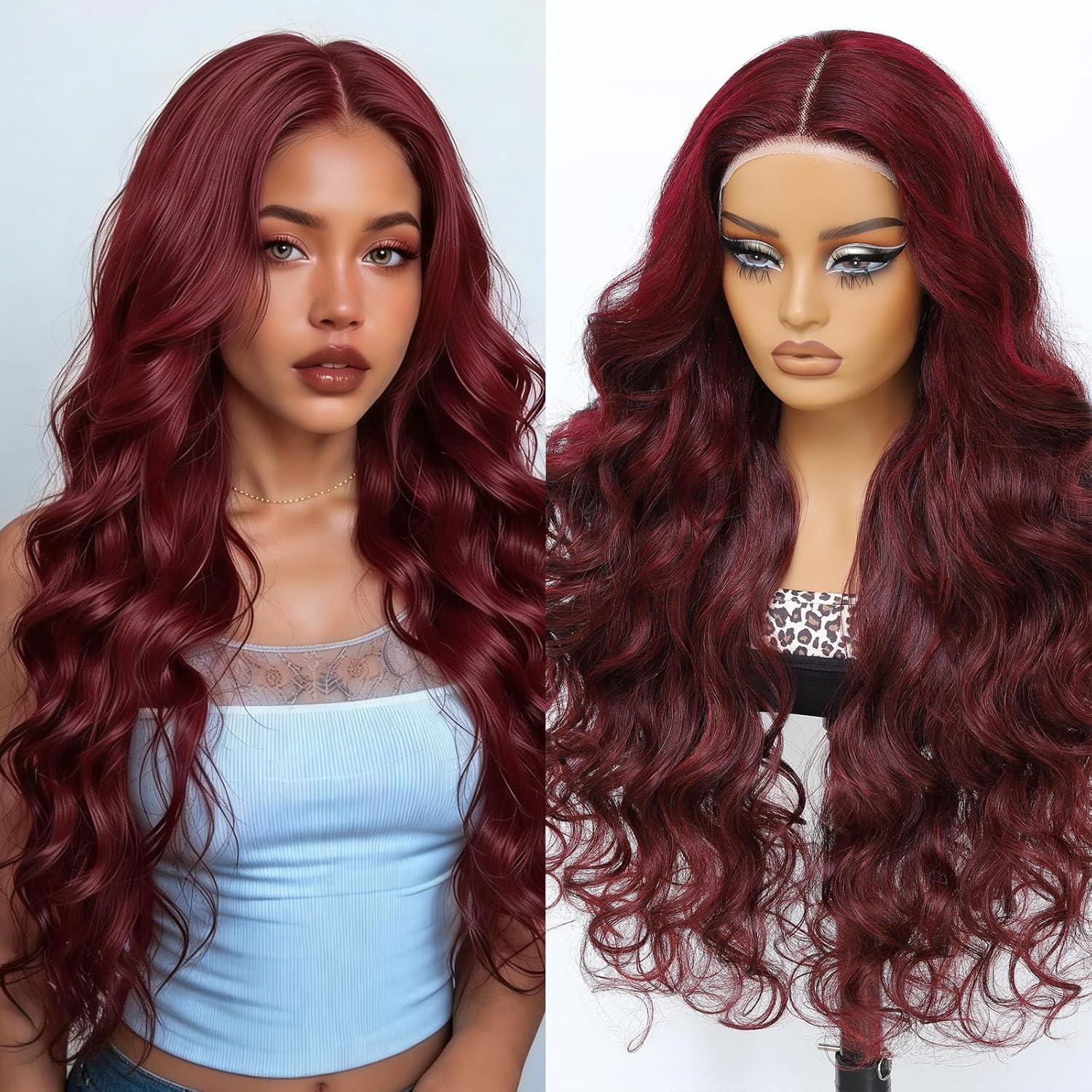 Latasha 28 Inch Red Burgundy Lace Front Wig Synthetic Blend Hair HD Transparent Wig Pre Plucked Pre Cut Deep Curly Glueless HD Lace Wigs for Black Women (99J-Body Wave)