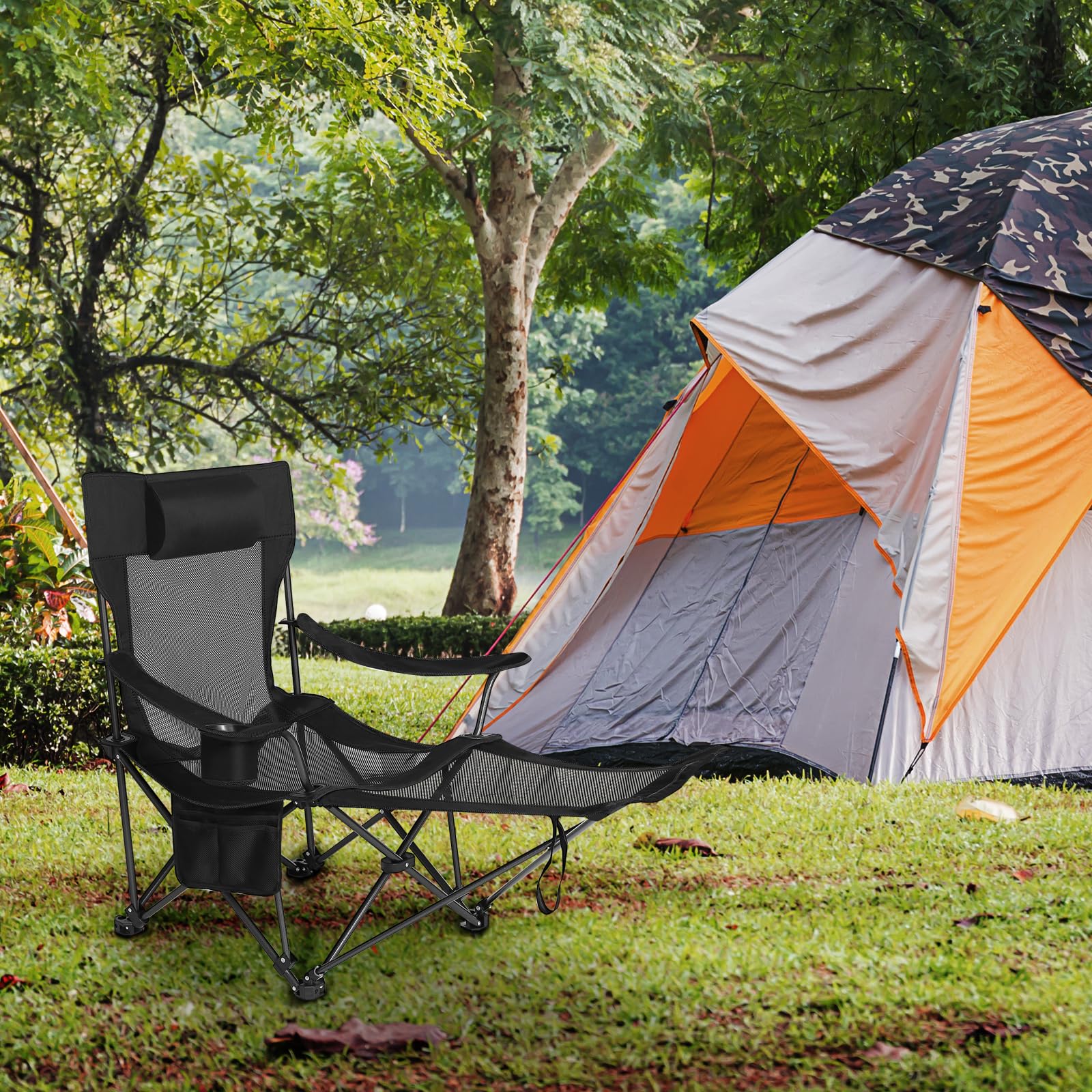 eSituro Campingstuhl klappbar, Angelstuhl faltbar, Klappstuhl mit Abnehmbarer Fußablage Getränkehalter Tragetasche, Strandstuhl mit Verstellbarer Rückenlehne, Campingliege Schwarz