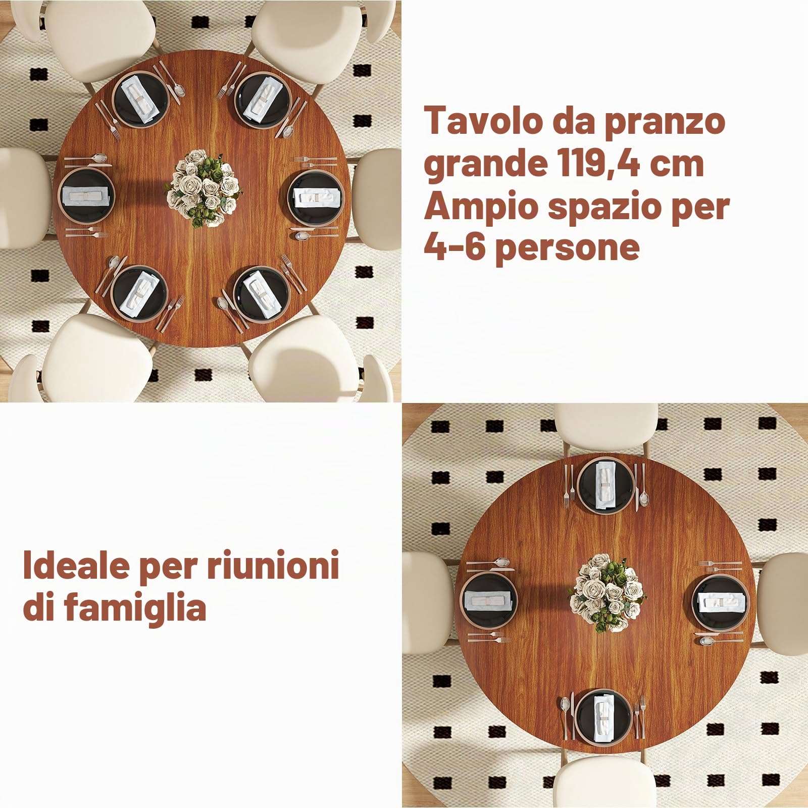 Tavolo da Pranzo Rotondo 120 cm, Tavolo Cucina per 4-6 Persone con Funzione di Ripostiglio e Portata fino a 150 kg, per Sala da Pranzo, Cucina, MDF, Noce Scuro, 120 x 120 x 75 cm