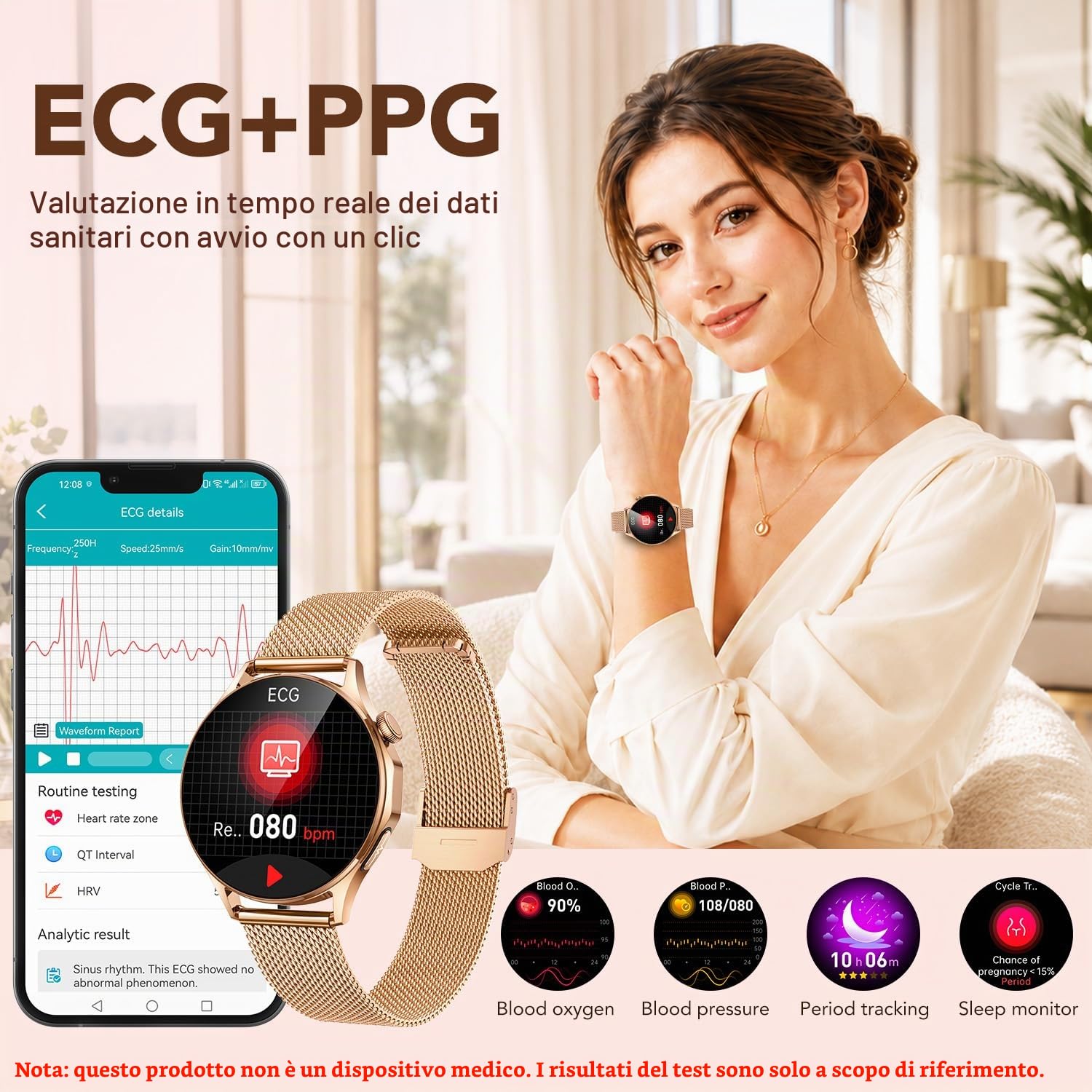Orologio Smartwatch Donna ECG con Chiamate: 1.32" AMOLED Smart Watch con PPG HRV BMI Temperatura Corporea Ossigeno Sangue WhatsApp Notifice Sonno Monitor Fitness Tracker Watch Compatibile Android iOS