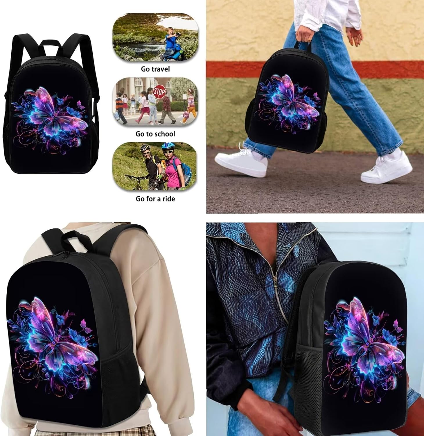 Butterfly Printed Kids Backpack for Boys, Preschool Elementary School Bag Set with Lunch Holder and Pencil Box, 3 Pcs Boys Backpack Set with Lunch Box Pencil Case, Purple
