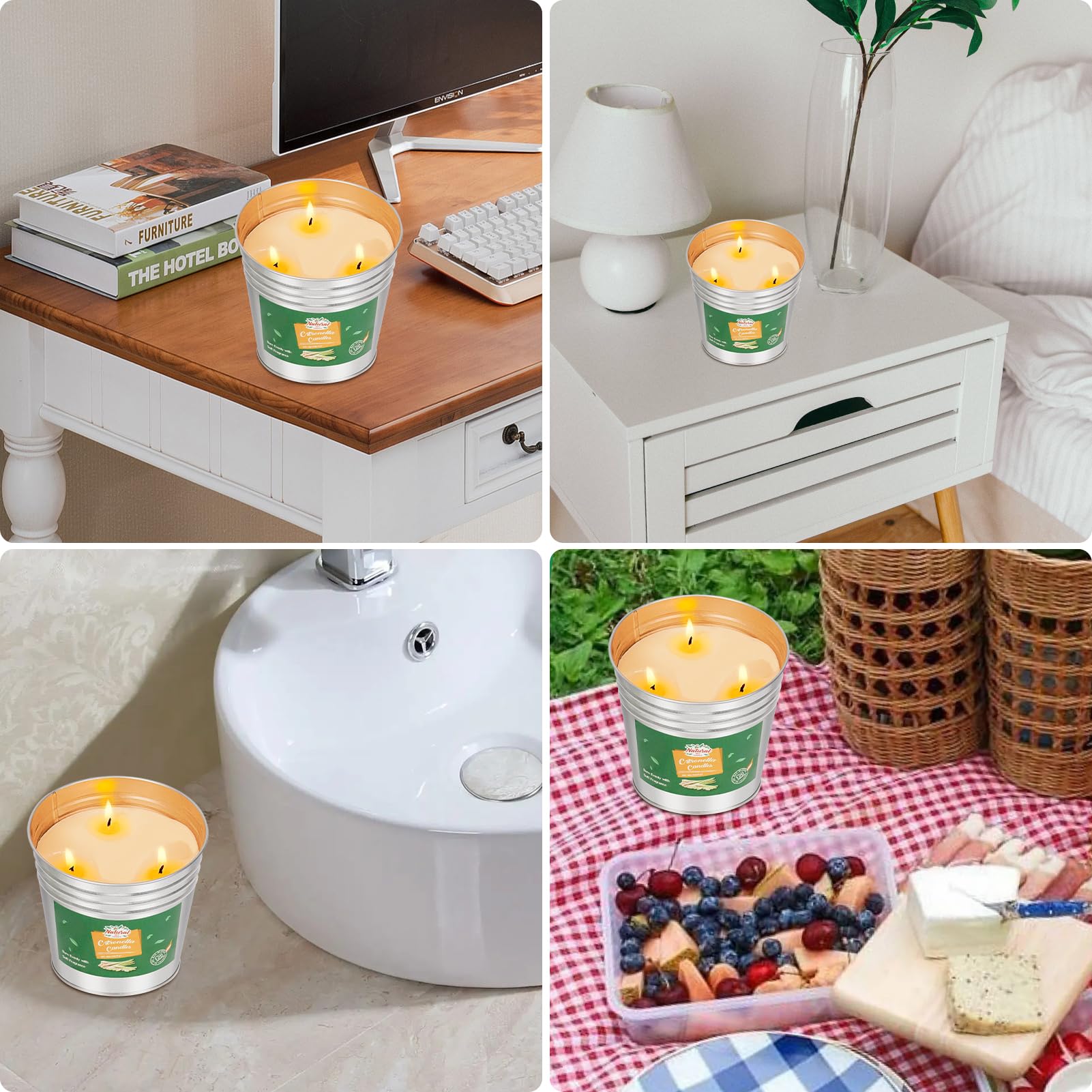 Candela alla citronella per esterni, grande, 2 candele al limone, con estintore, cera di soia naturale, per giardino, campeggio, barbecue, vacanze, regalo estivo, durata 200-220H