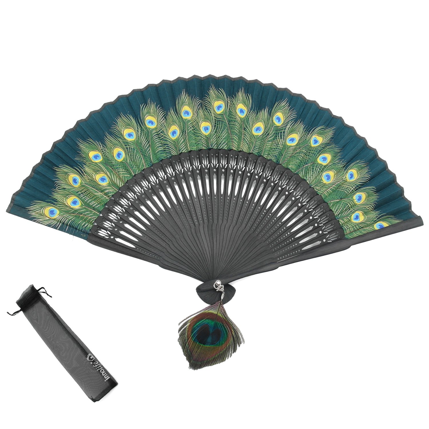 INNOLIFE - Chinese/Japanese Elegant Peacock Pattern Folding Bamboo Handheld Silk Hand Fan Hand-Crafted with Carrying Pouch (Green)